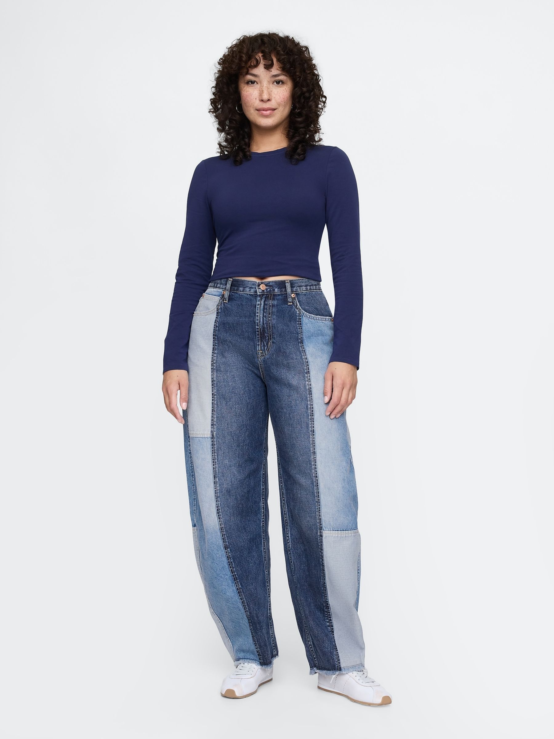 Blue Patchwork High Waisted Barrel Jeans - Image 5 of 9