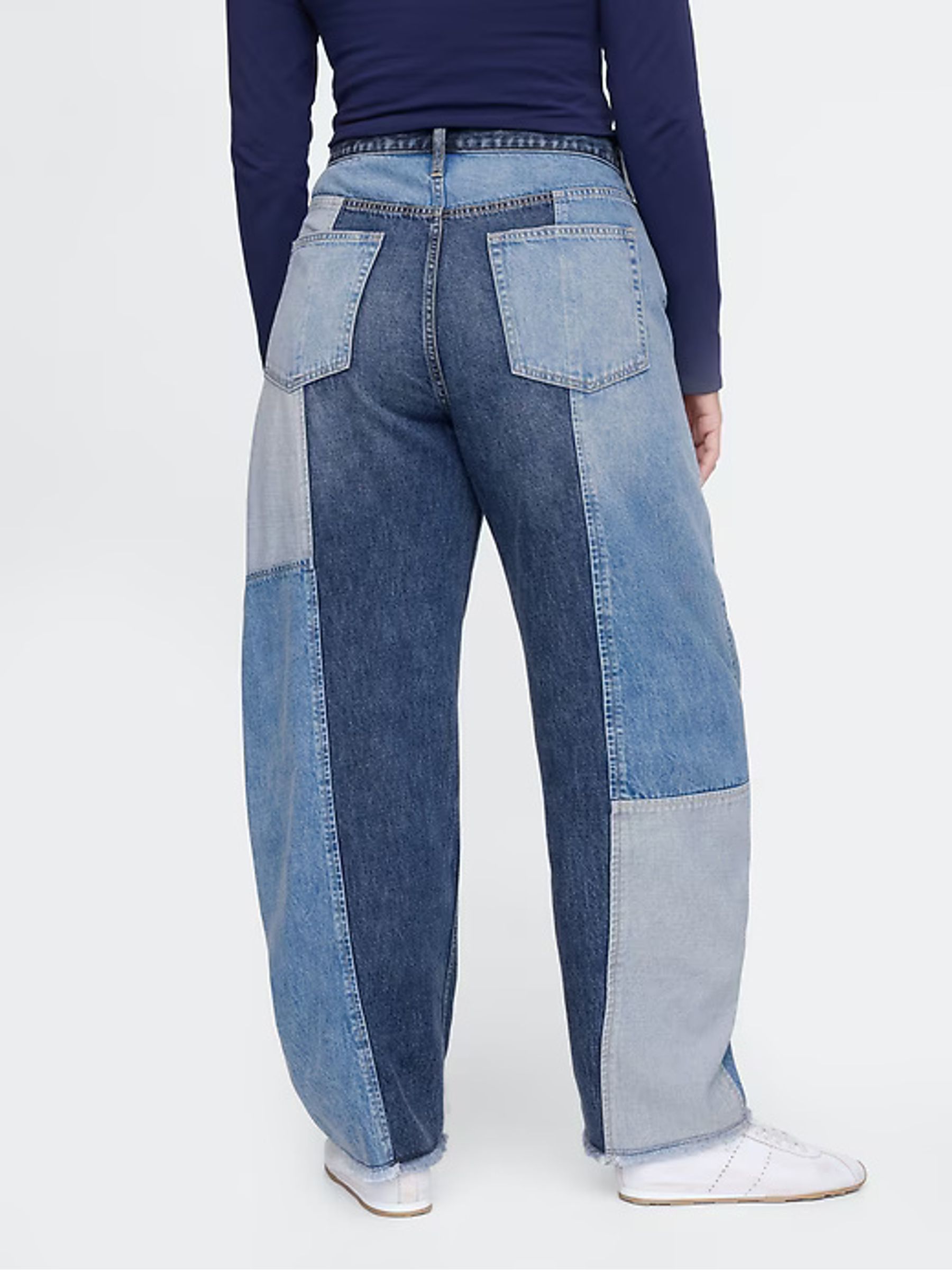Blue Patchwork High Waisted Barrel Jeans - Image 6 of 9