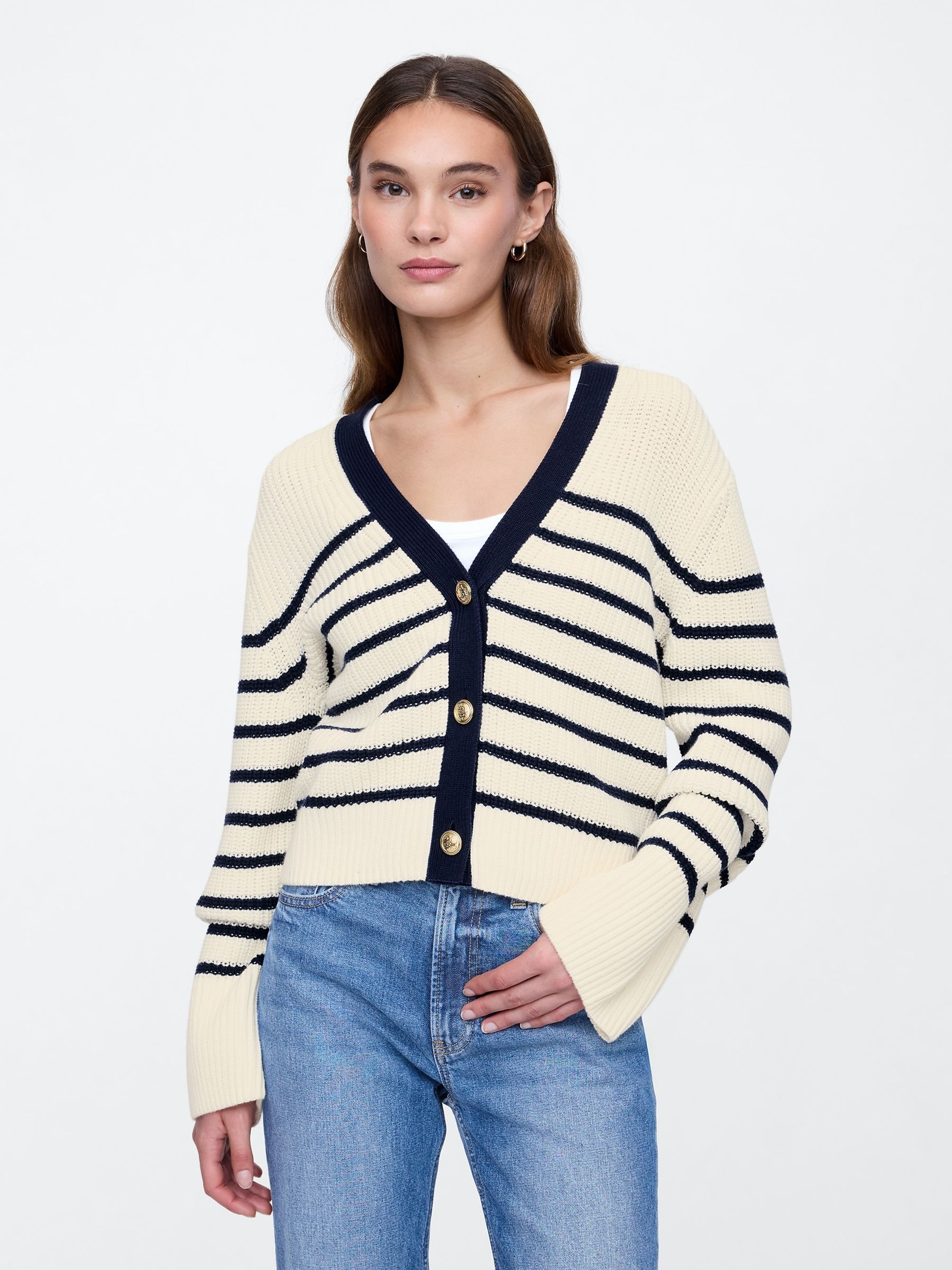 Cream & Black Stripe 100% Cotton V-Neck Cardigan | Gap