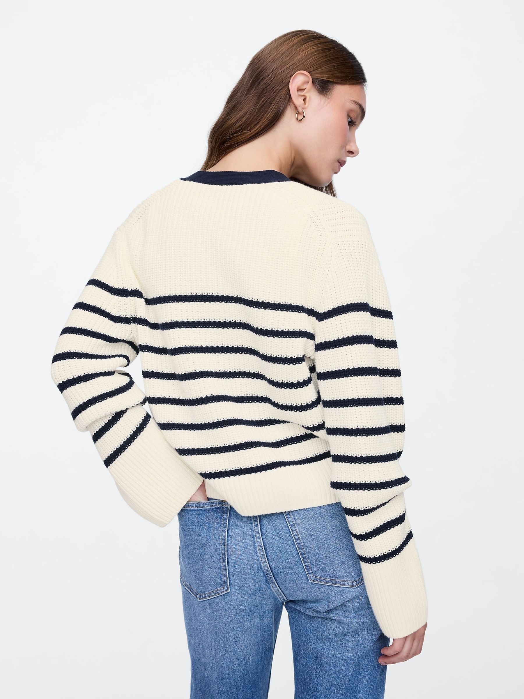 Cream & Black Stripe 100% Cotton V-Neck Cardigan - Image 2 of 5