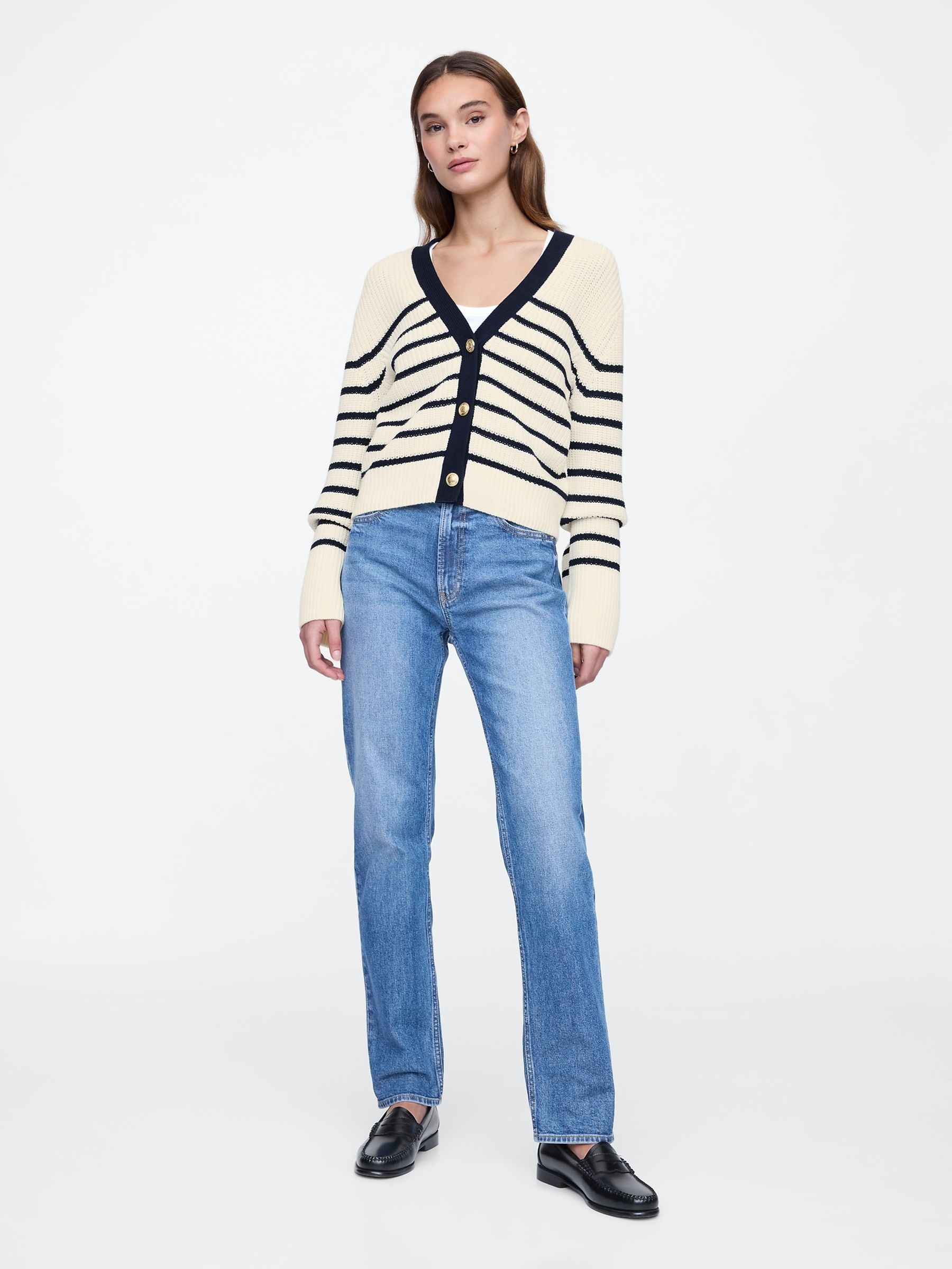 Cream & Black Stripe 100% Cotton V-Neck Cardigan - Image 3 of 5