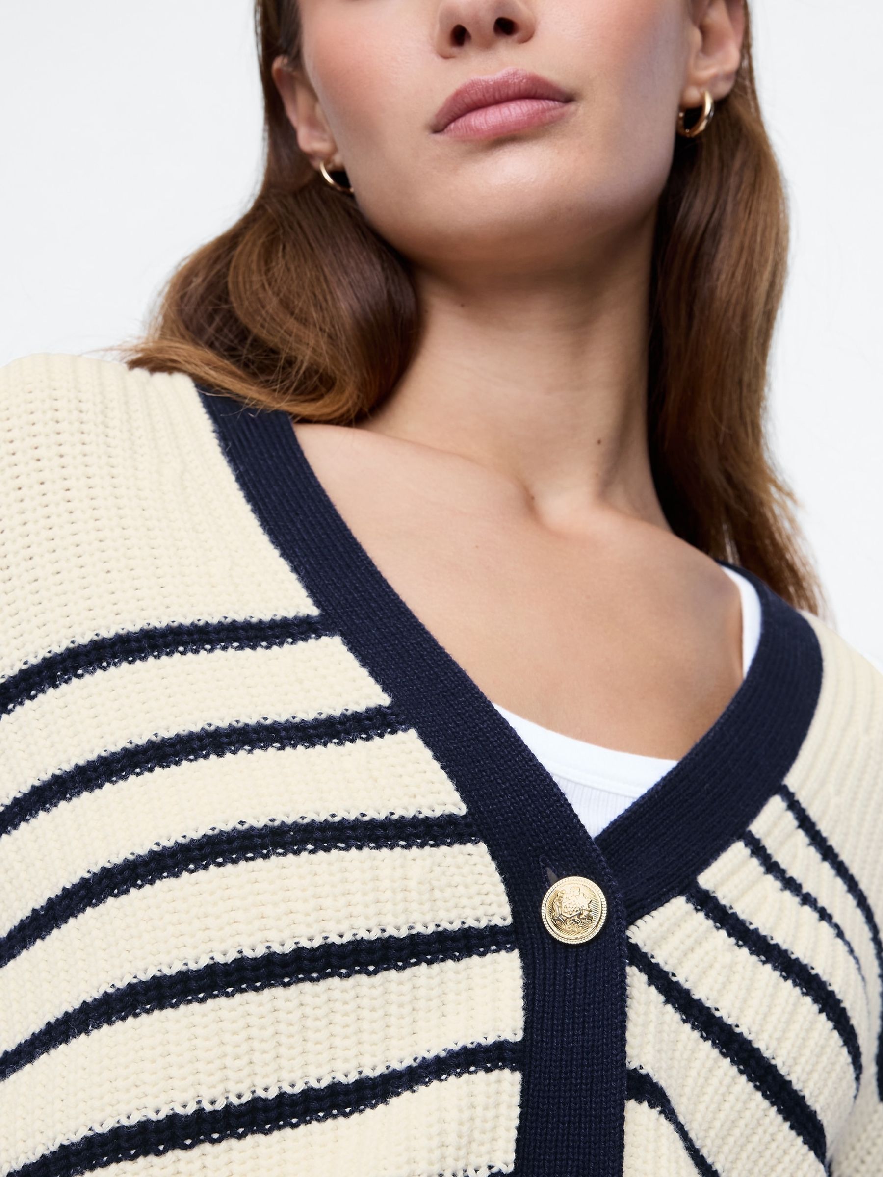 Cream & Black Stripe 100% Cotton V-Neck Cardigan - Image 4 of 5