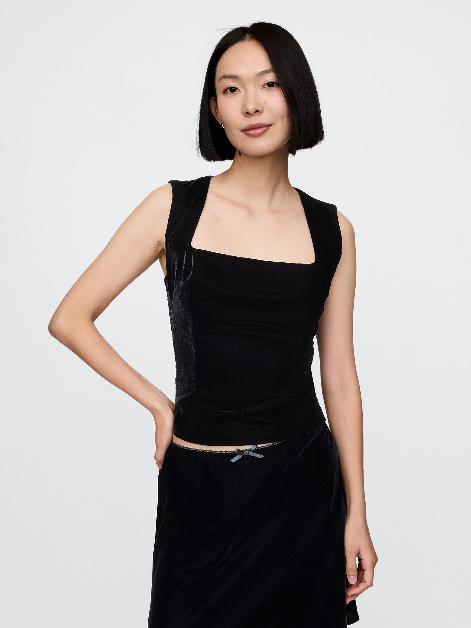 Black Velvet Square-Neck Cropped Top - Image 1 of 5