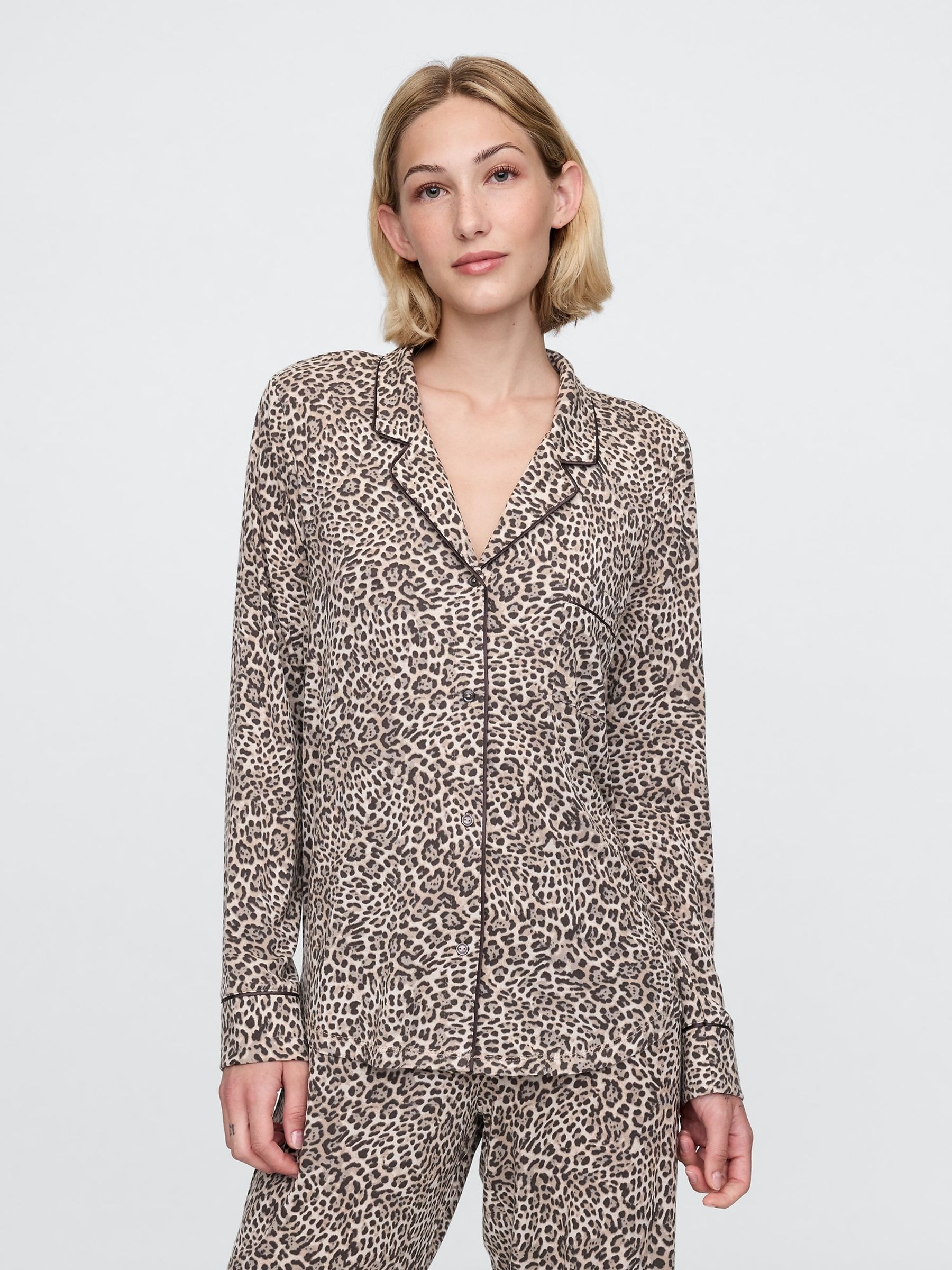 Brown Leopard Print Long Sleeve Modal Pyjama Shirt - Image 1 of 5