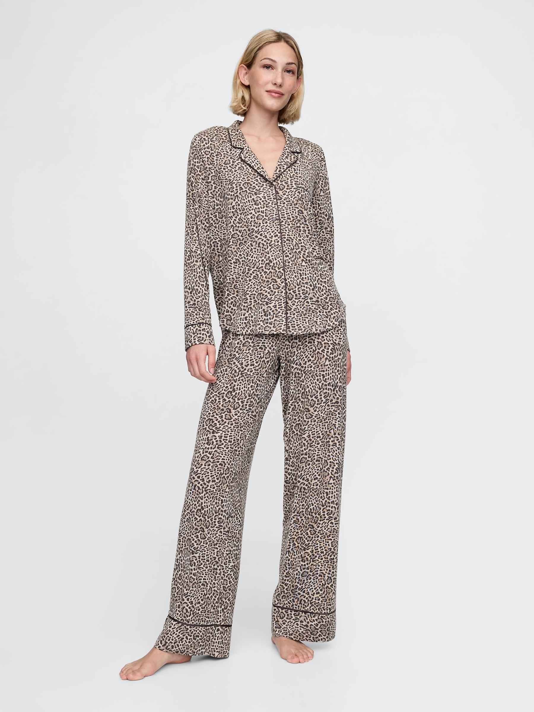 Brown Leopard Print Long Sleeve Modal Pyjama Shirt - Image 3 of 5