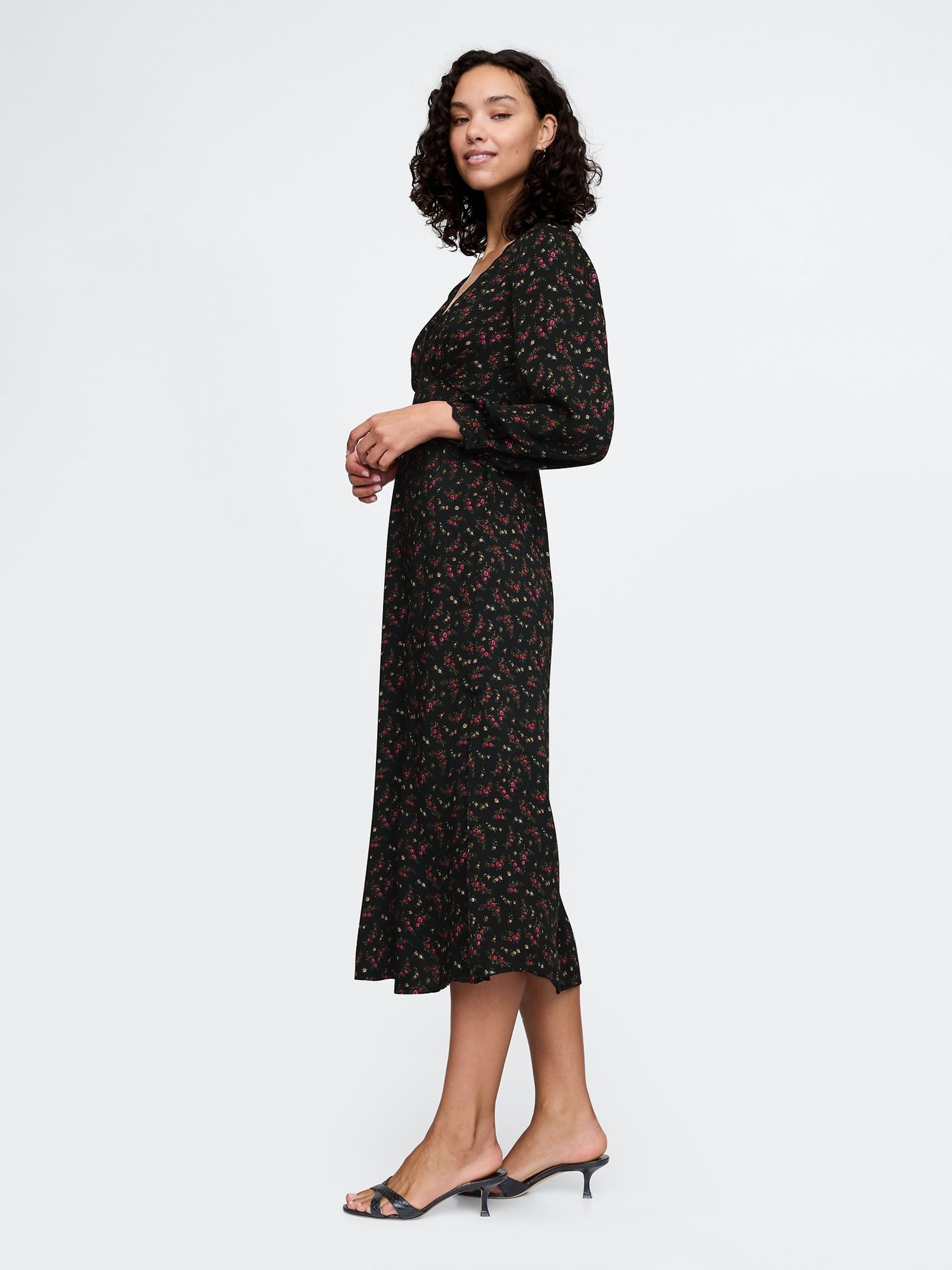 Black Floral Satin Empire Midi Dress - Image 3 of 5