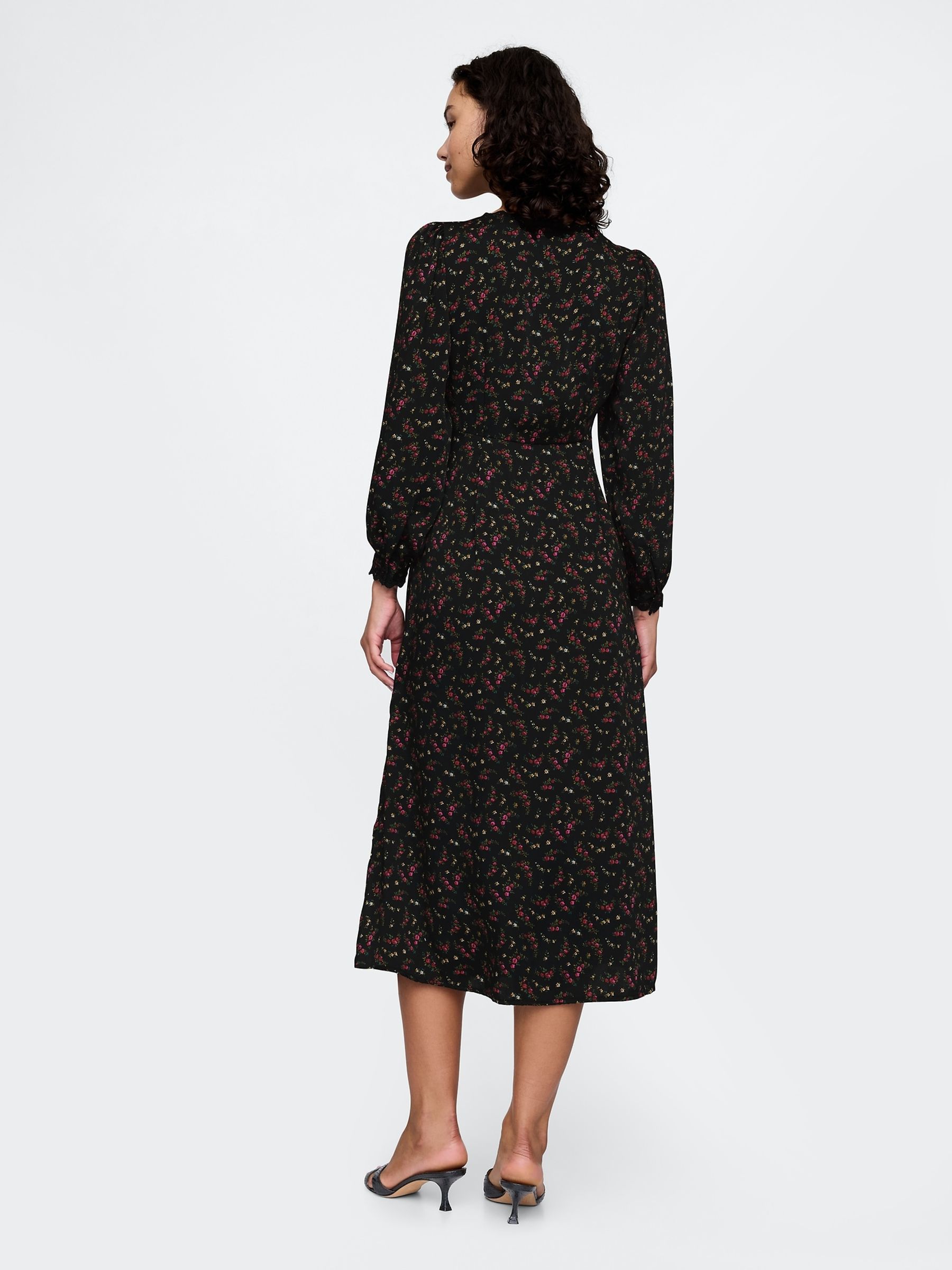Black Floral Satin Empire Midi Dress - Image 2 of 5