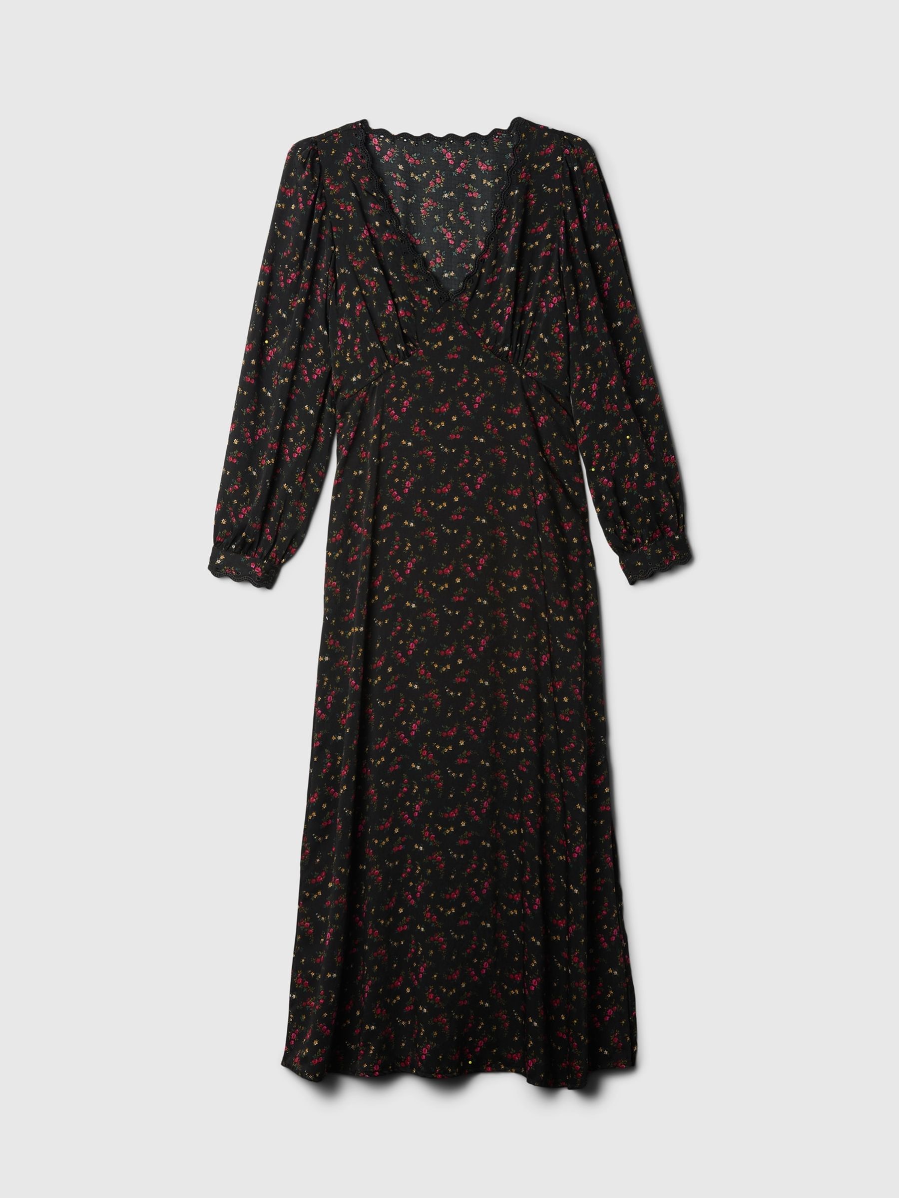Black Floral Satin Empire Midi Dress - Image 4 of 5