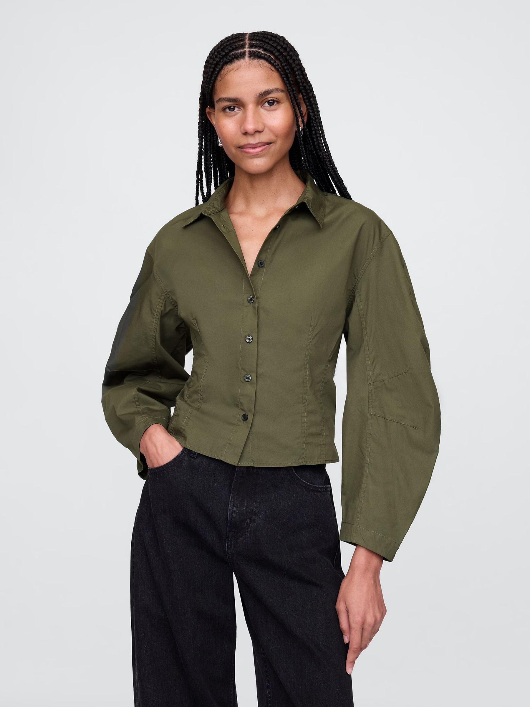 Green Poplin Barrel Sleeve Cropped Shirt - Image 1 of 7