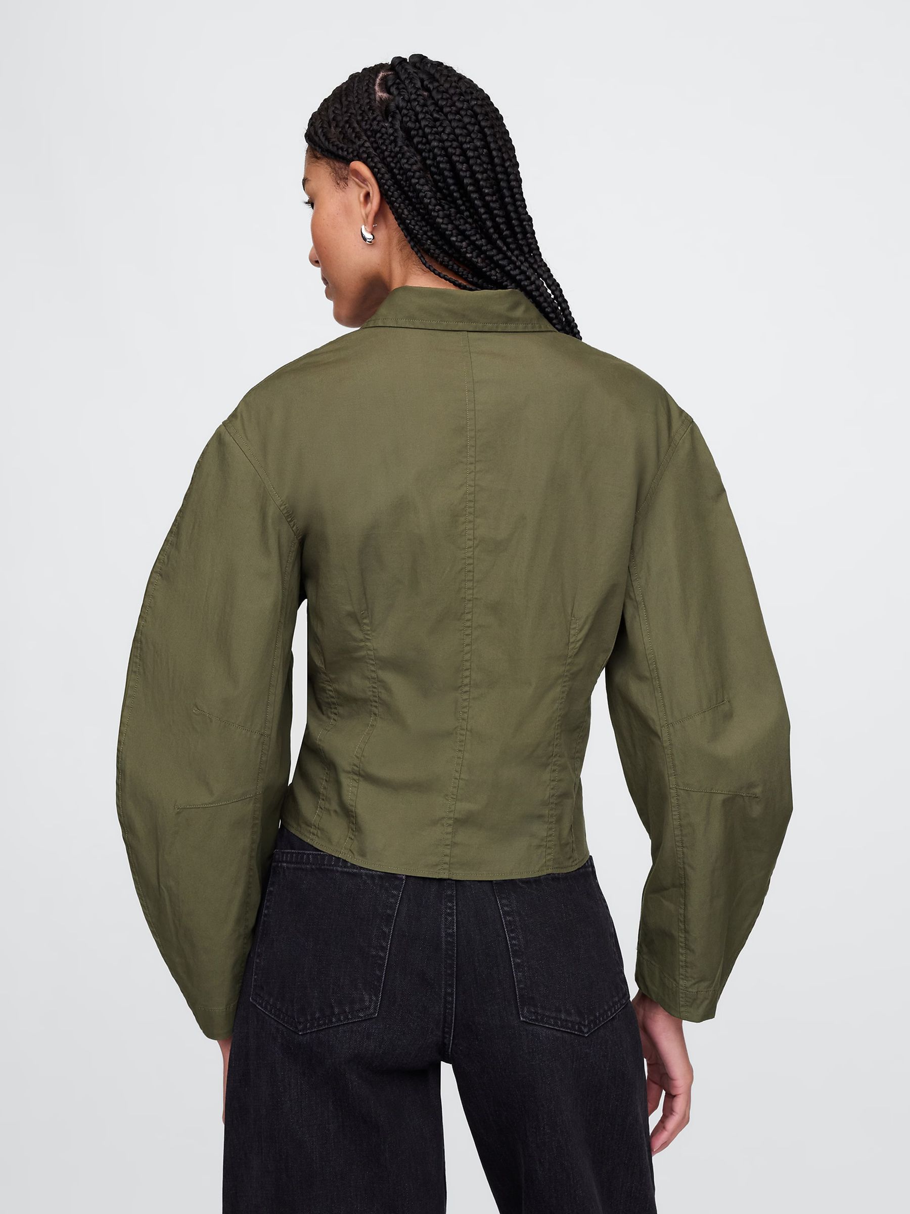 Green Poplin Barrel Sleeve Cropped Shirt - Image 2 of 7