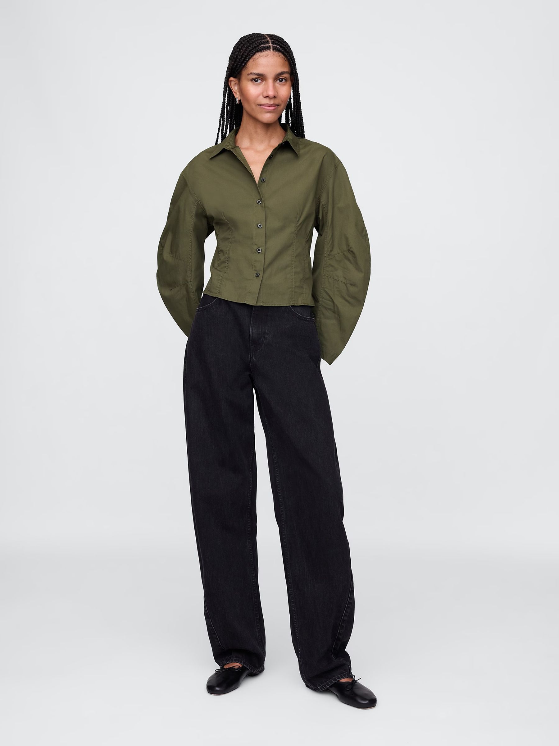 Green Poplin Barrel Sleeve Cropped Shirt - Image 3 of 7