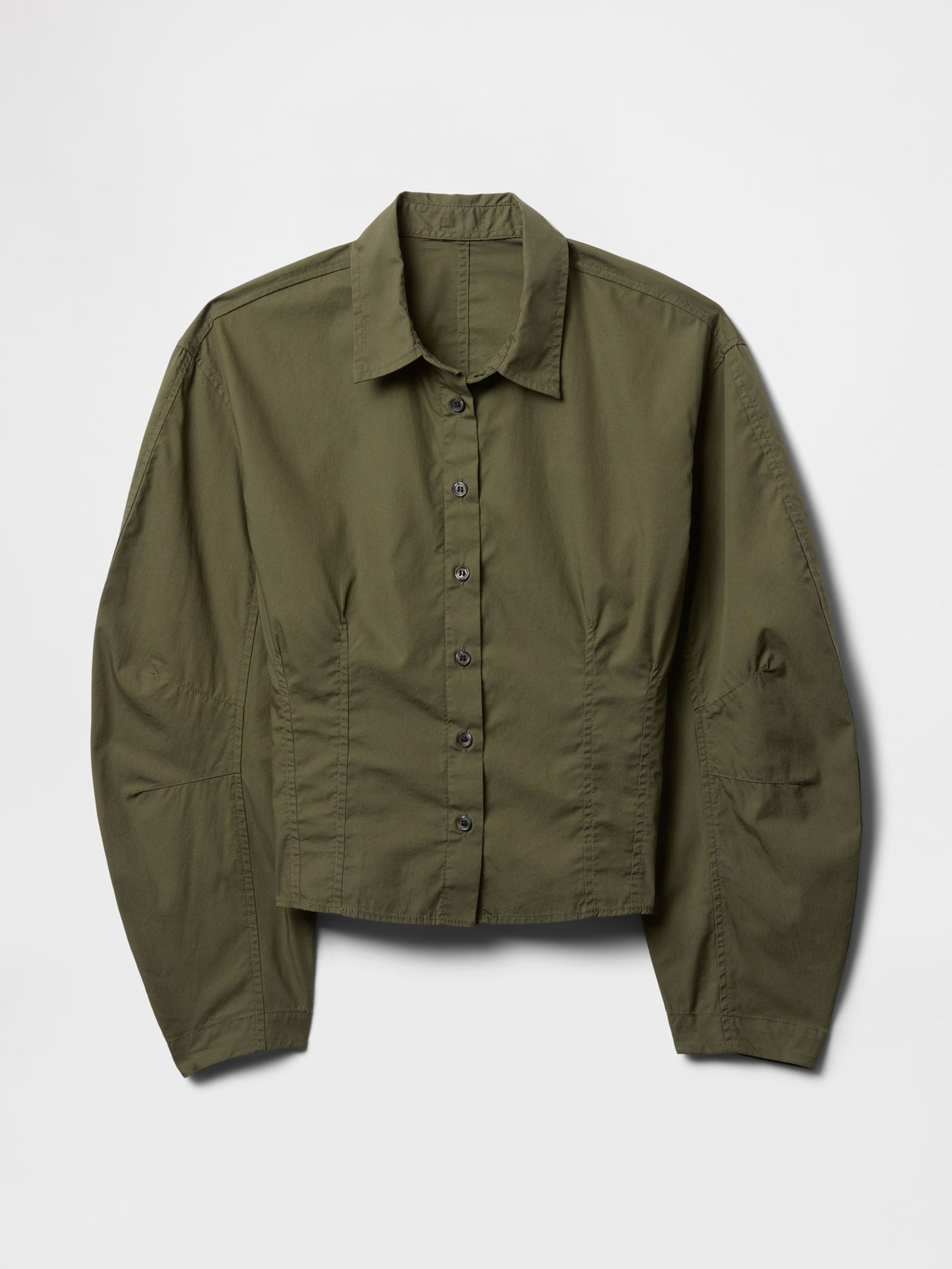 Green Poplin Barrel Sleeve Cropped Shirt - Image 4 of 7