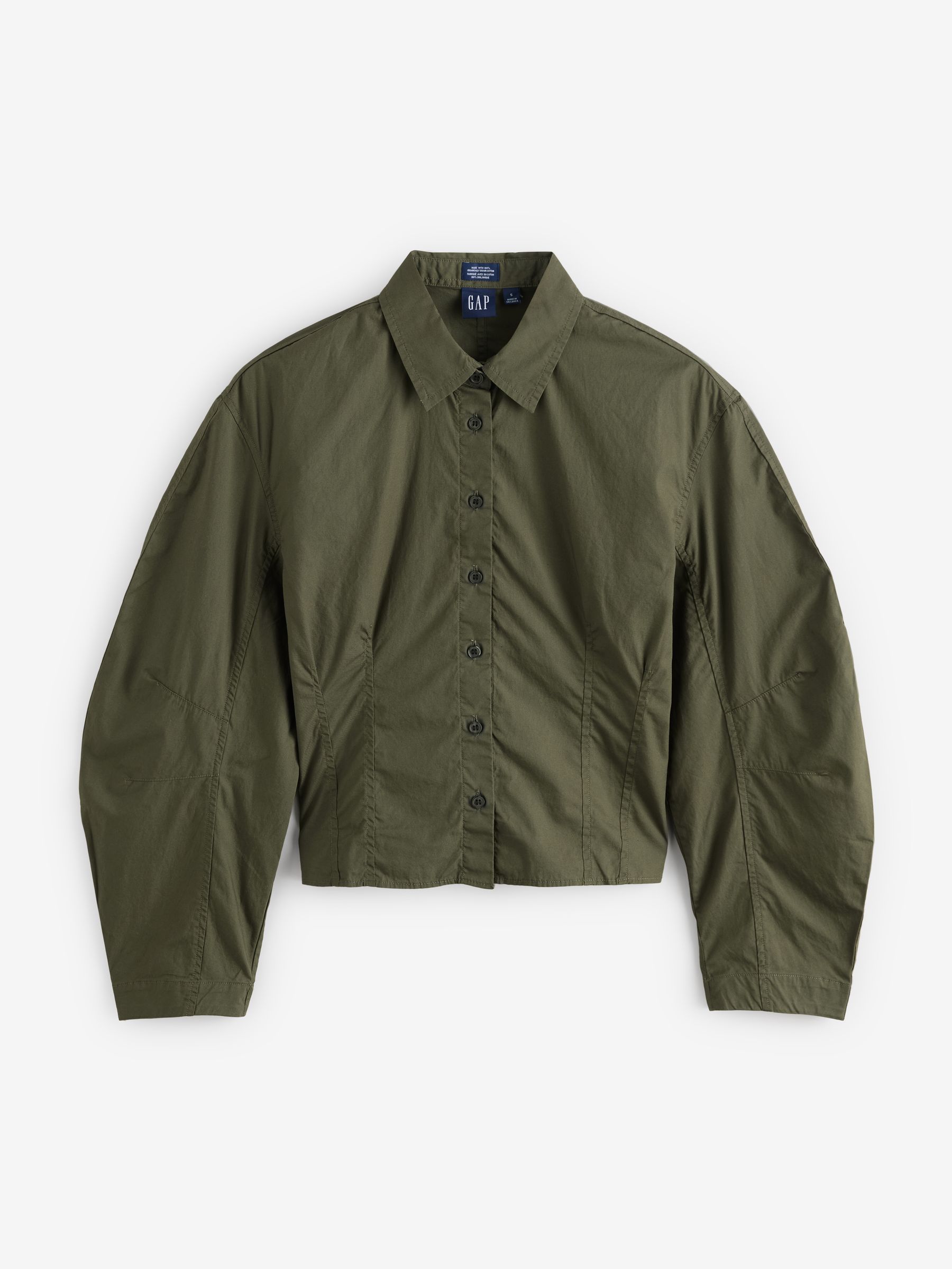 Green Poplin Barrel Sleeve Cropped Shirt - Image 5 of 7