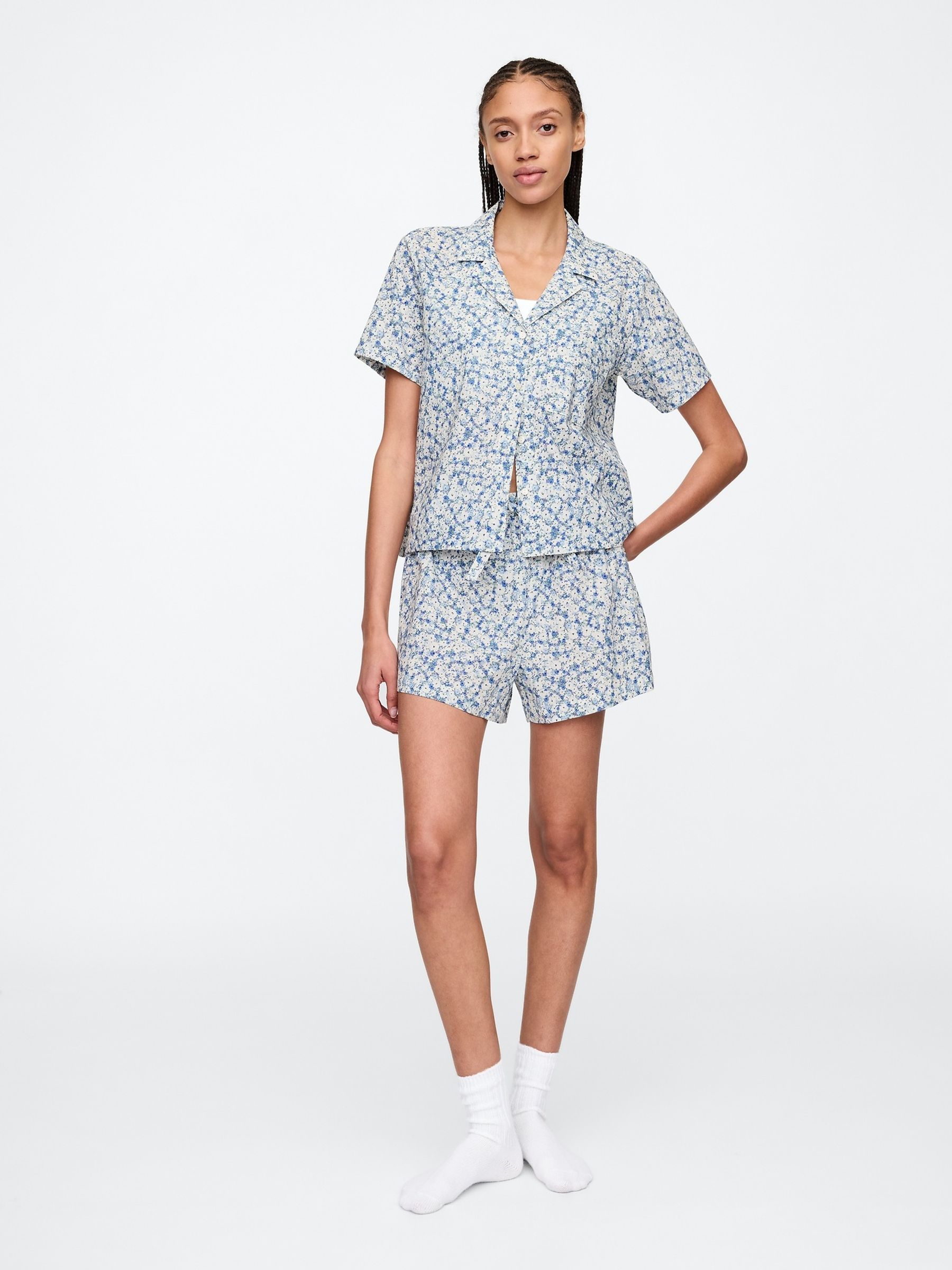 Blue Floral Cotton Short Sleeve Pyjama Top - Image 3 of 4