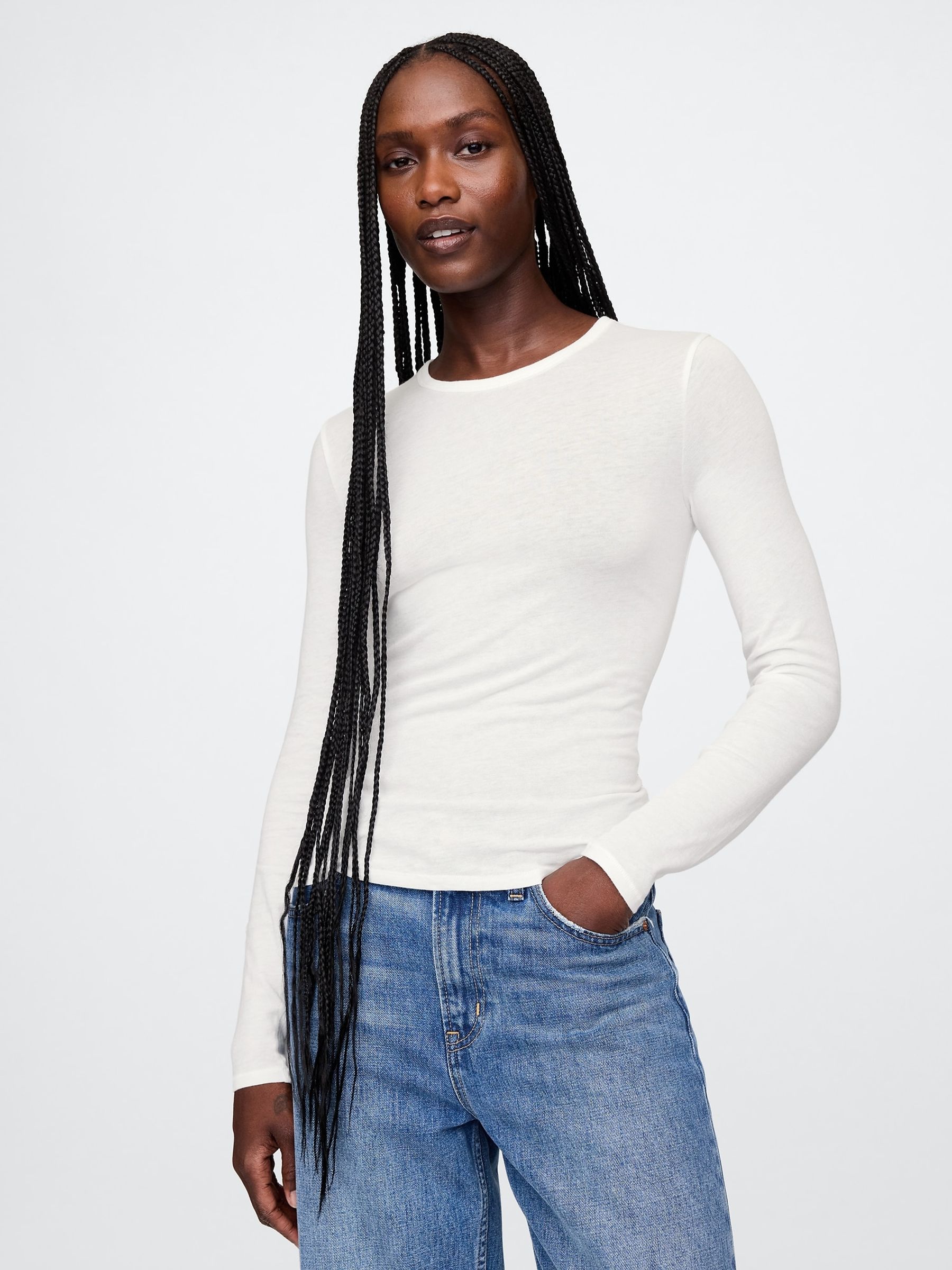 White Modern Long Sleeve Crew Neck T-Shirt - Image 1 of 4