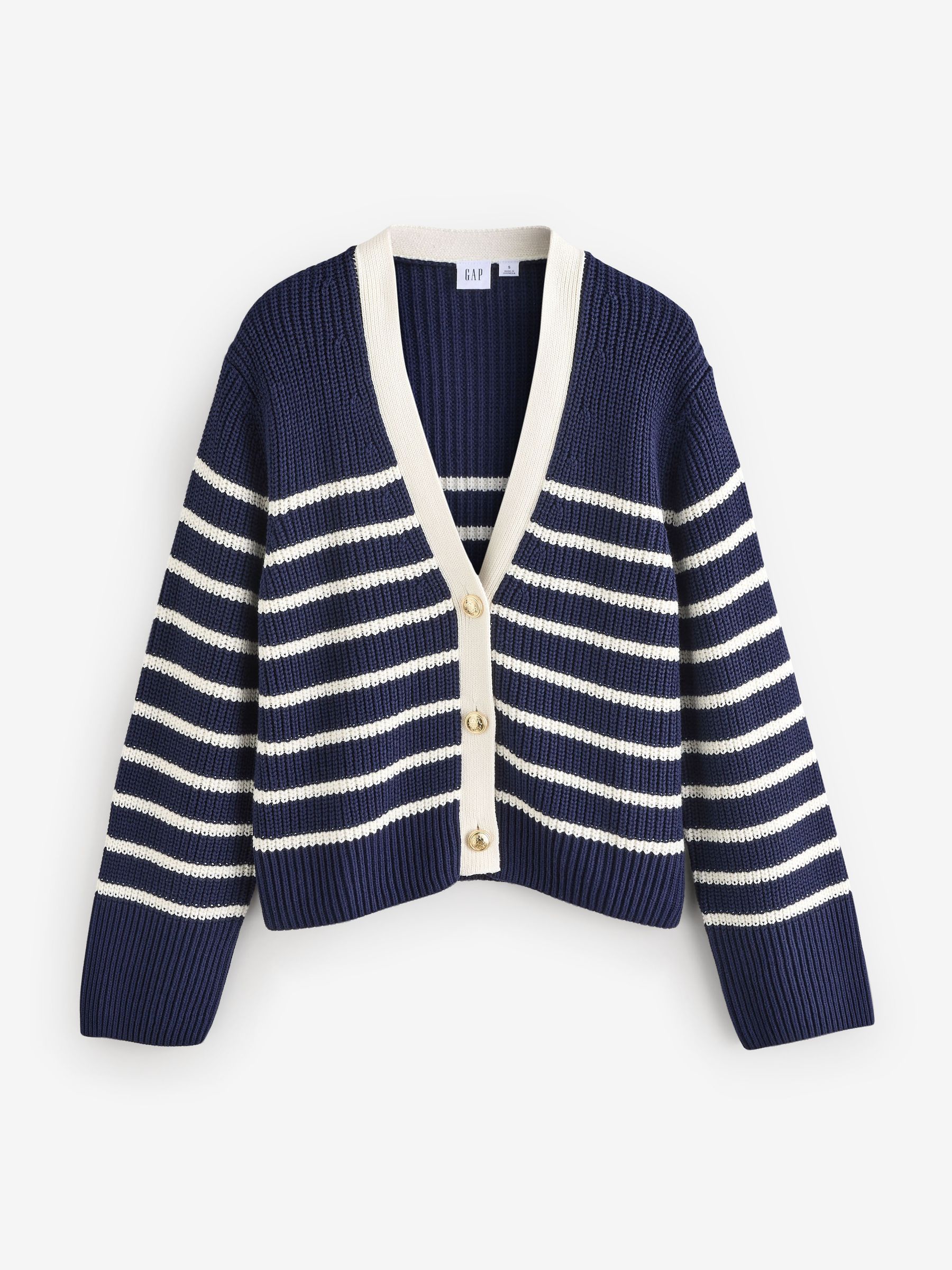 Navy Blue & White Stripe 100% Cotton V-Neck Cardigan - Image 1 of 5