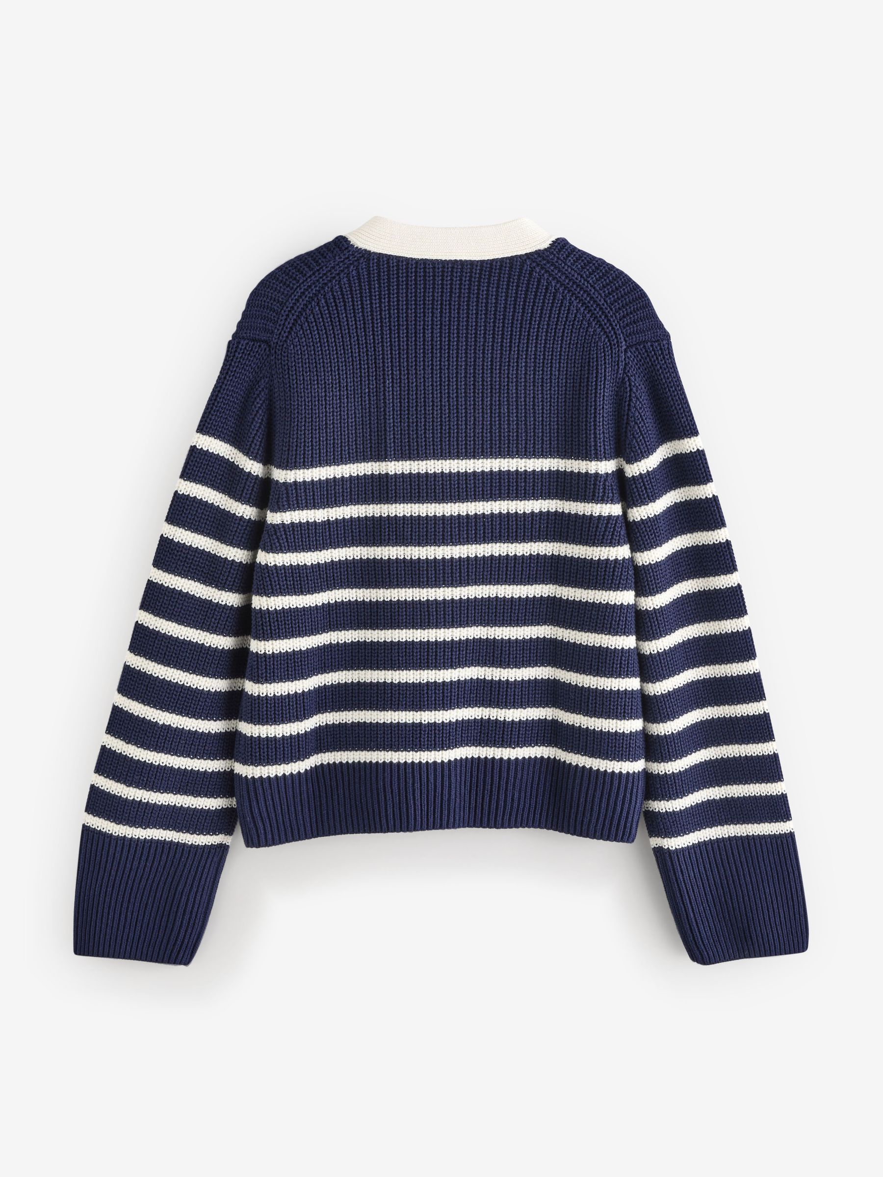 Navy Blue & White Stripe 100% Cotton V-Neck Cardigan - Image 2 of 5