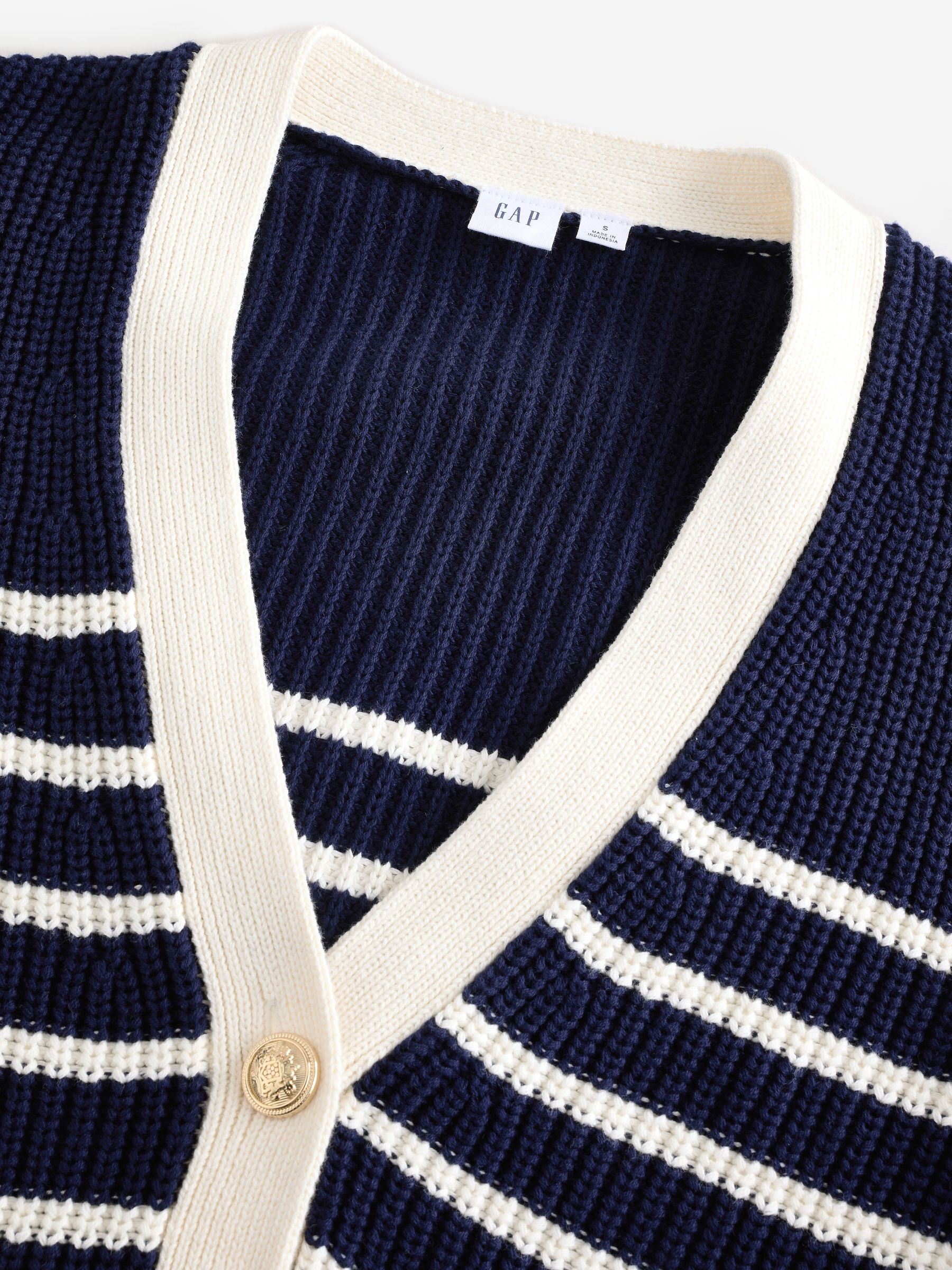 Navy Blue & White Stripe 100% Cotton V-Neck Cardigan - Image 4 of 5