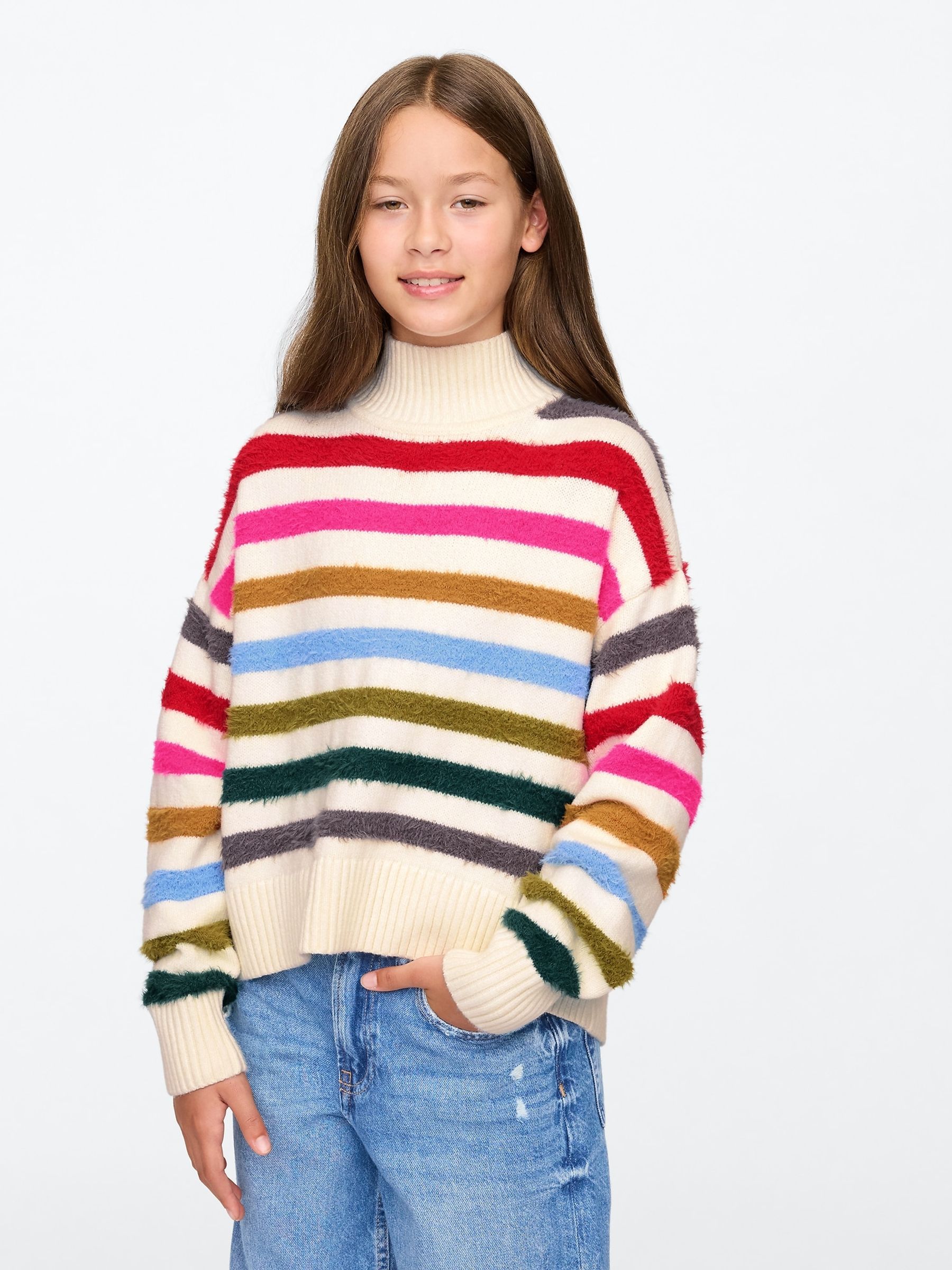 Cream Stripe CashSoft Oversized Mock Neck Jumper (4-13yrs) - Image 1 of 1