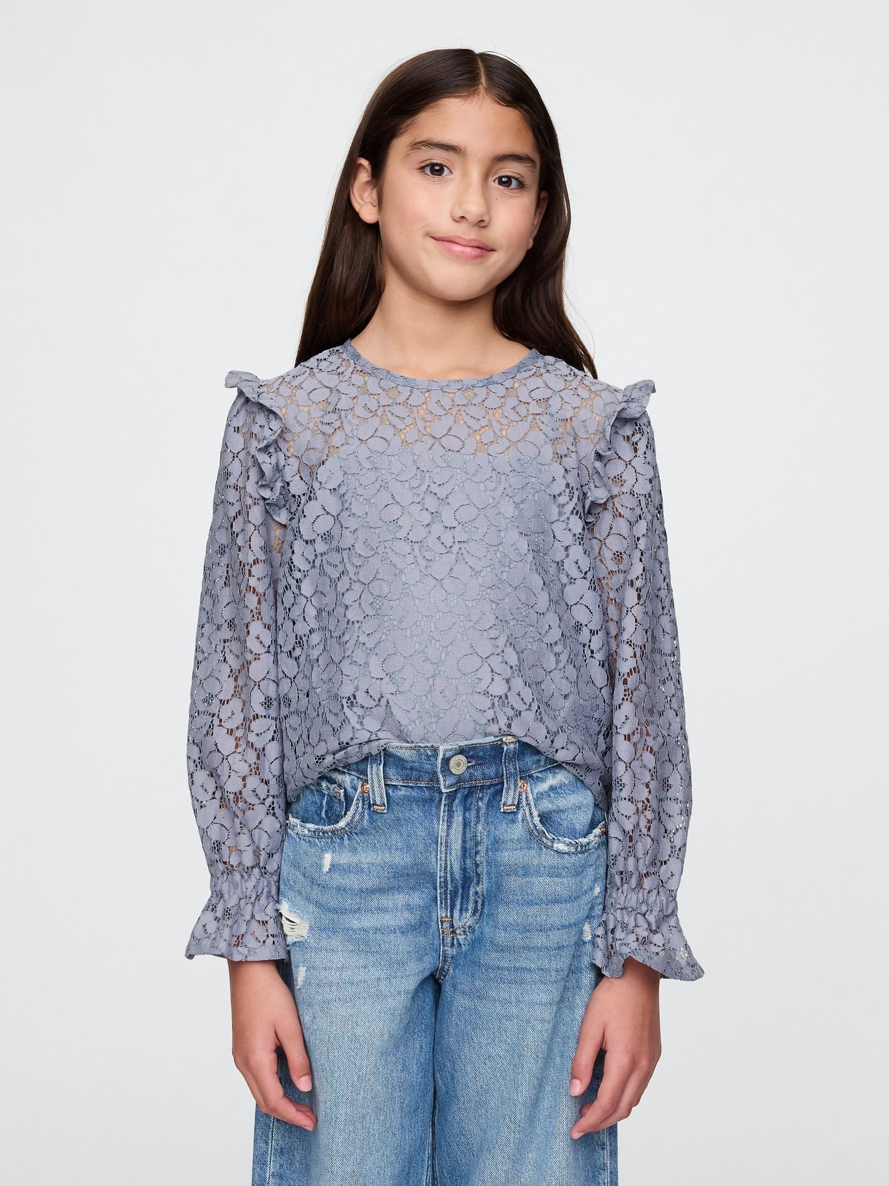 Blue Ruffle Lace Top - Image 1 of 5
