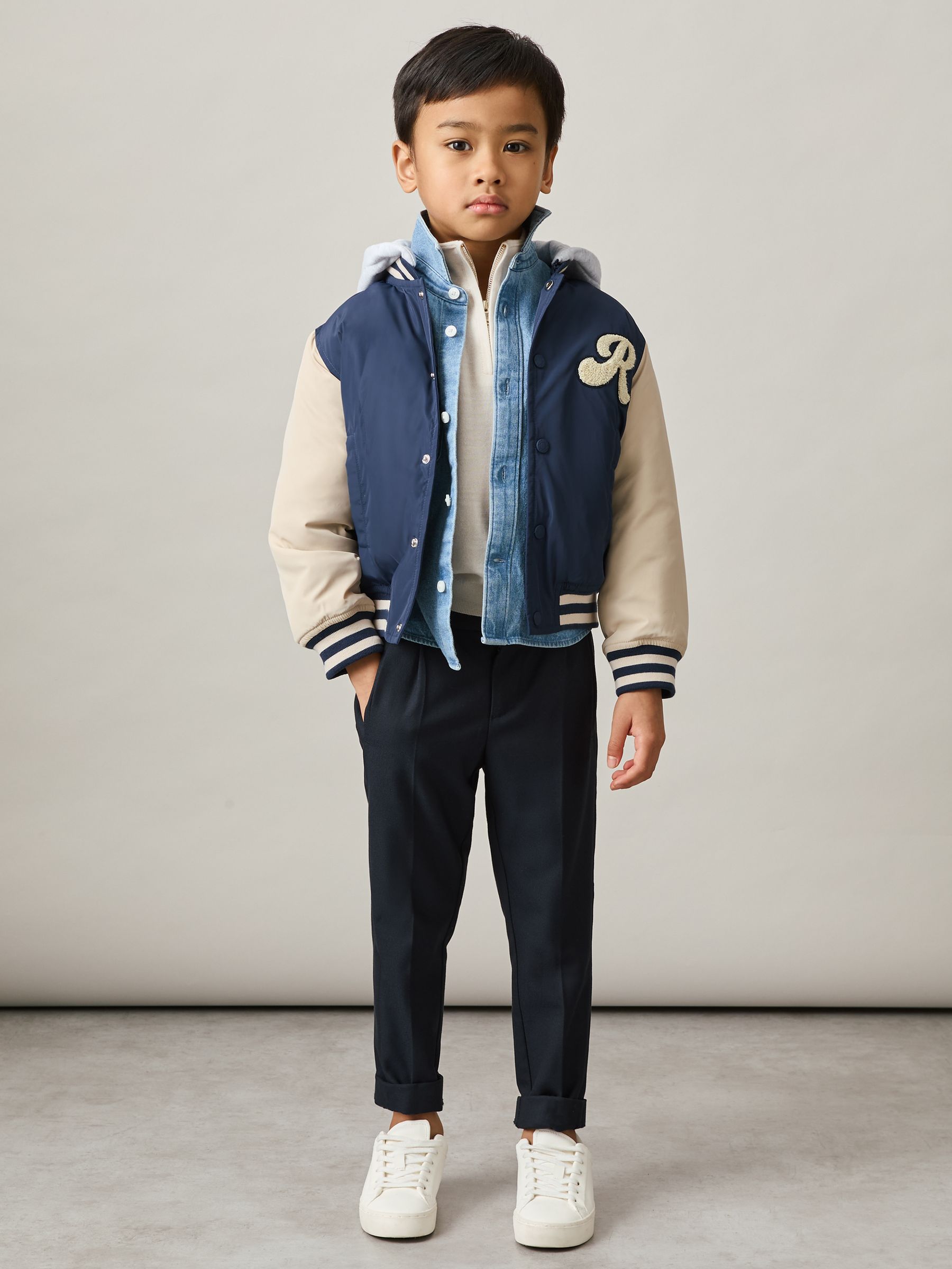 3-9 yrs Logo Patch Hooded Varsity Jacket in Airforce Blue/Off White - Image 1 of 6