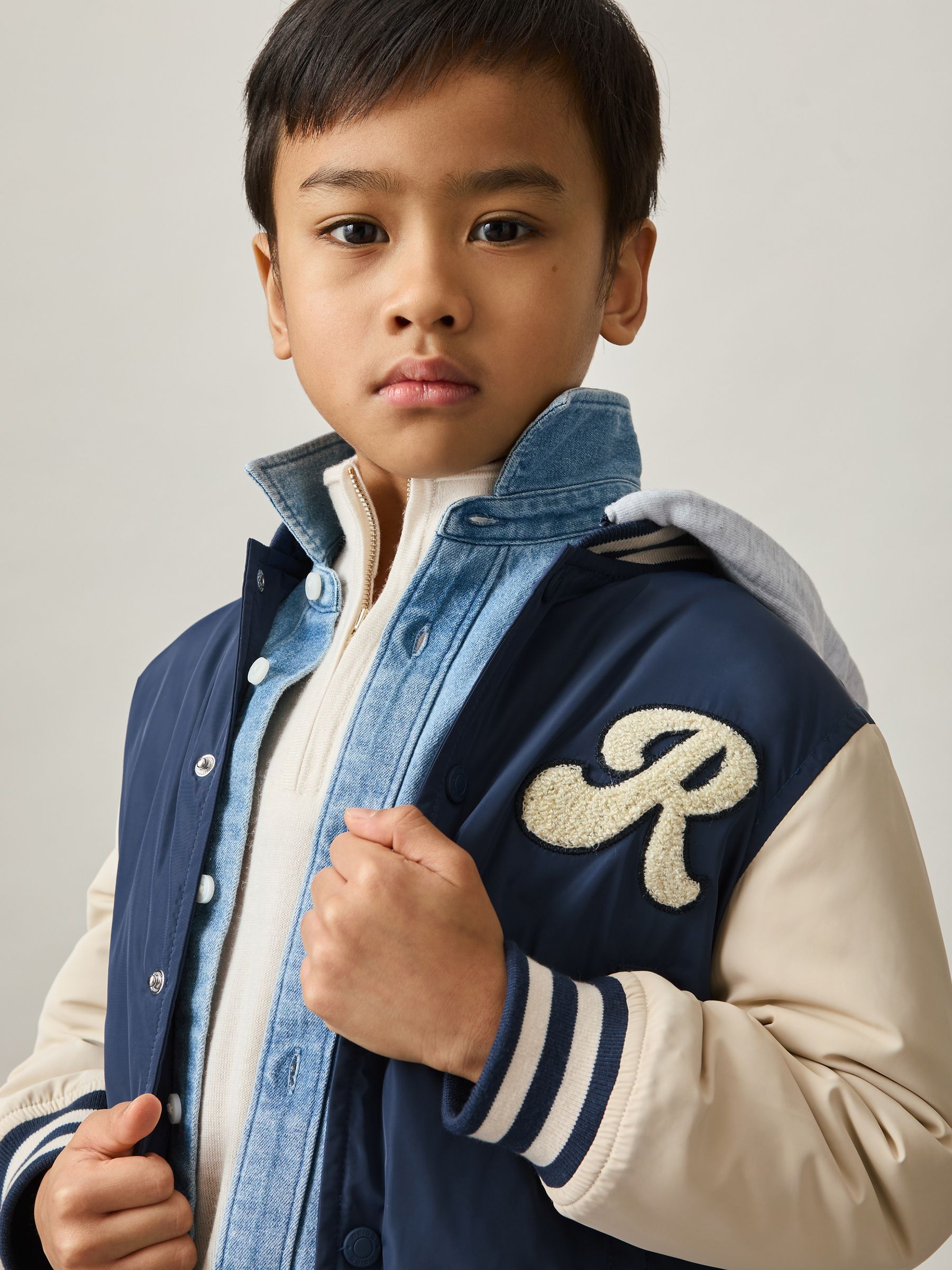 3-9 yrs Logo Patch Hooded Varsity Jacket in Airforce Blue/Off White - Image 3 of 6
