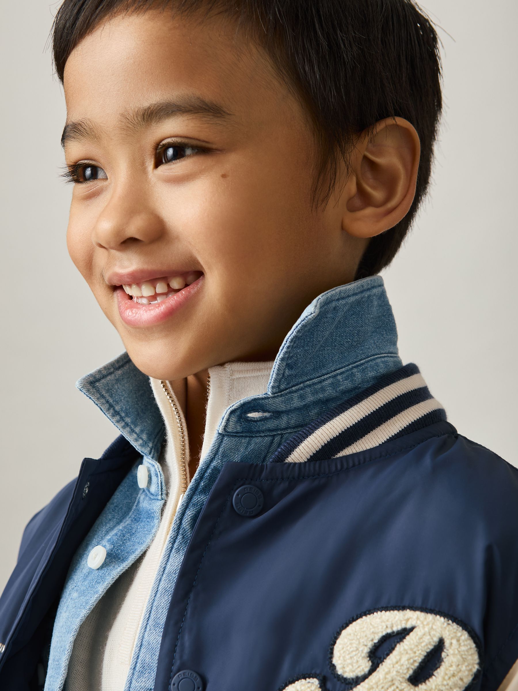 3-9 yrs Logo Patch Hooded Varsity Jacket in Airforce Blue/Off White - Image 5 of 6
