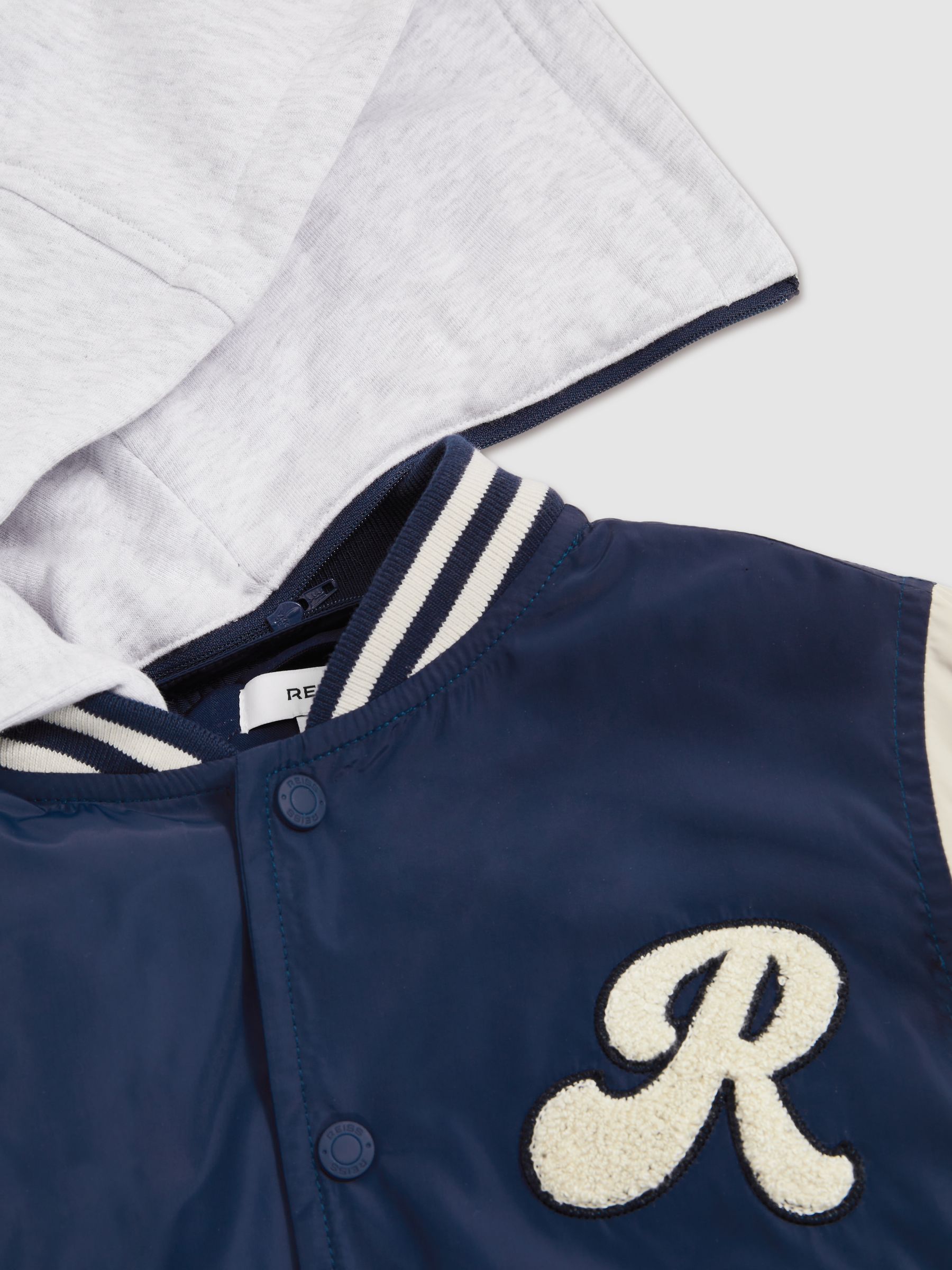 3-9 yrs Logo Patch Hooded Varsity Jacket in Airforce Blue/Off White - Image 6 of 6