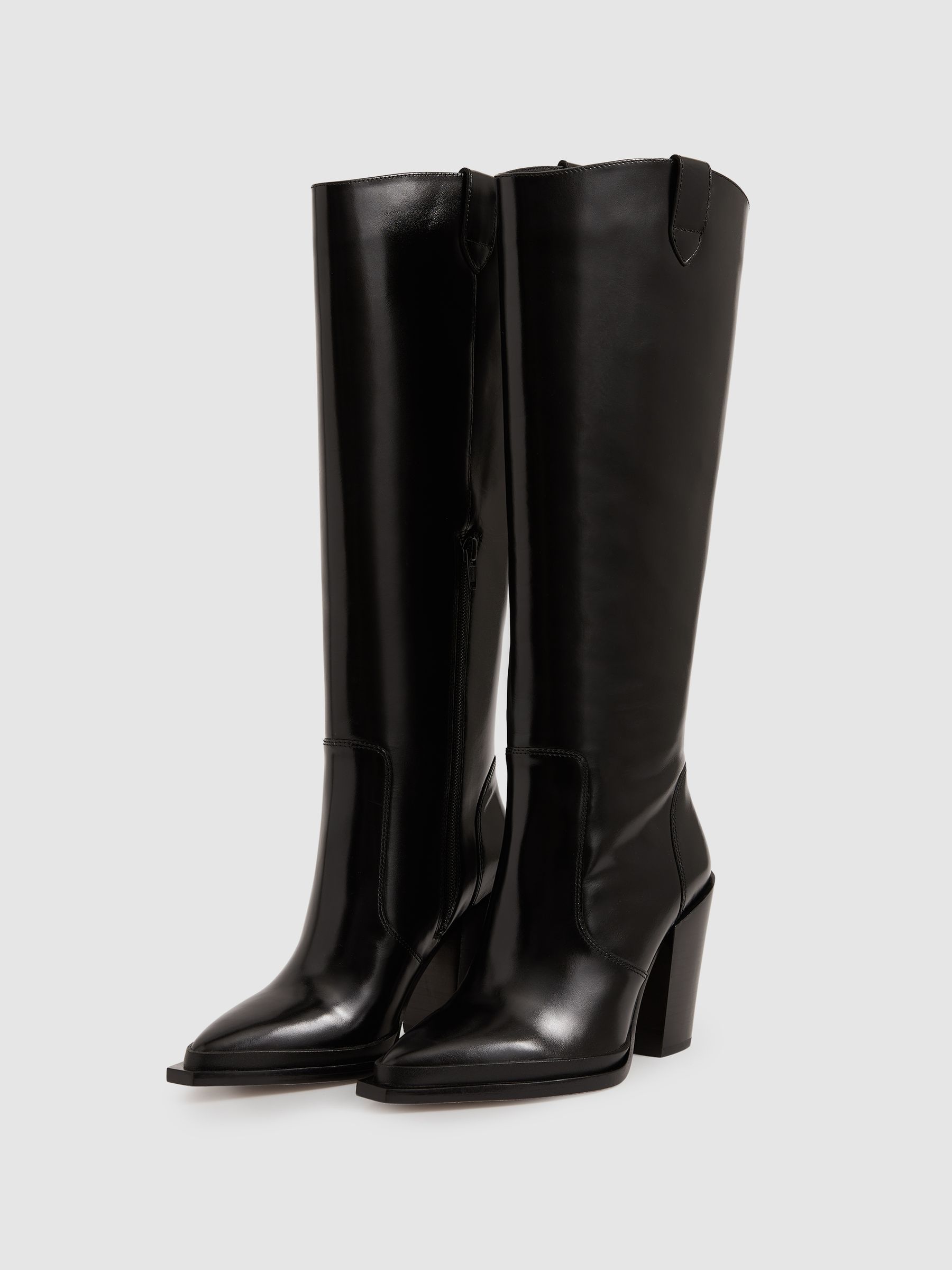 Paige Leather Knee-High Block-Heel Boots in Black - Image 2 of 4