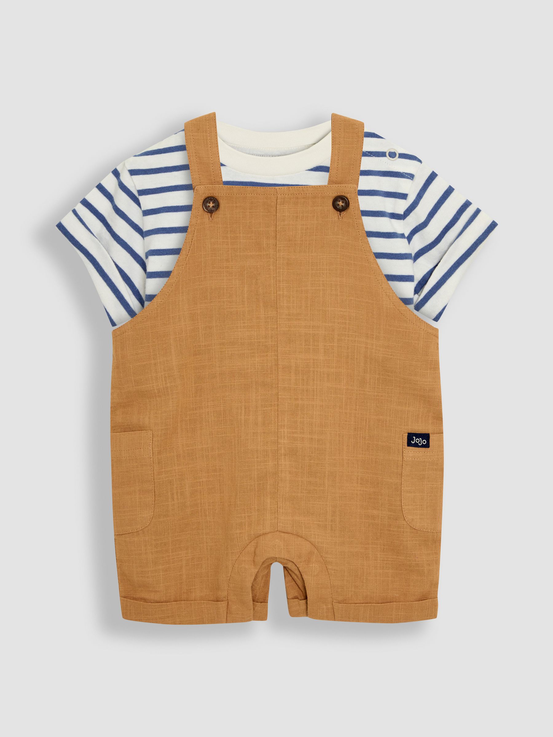 Tan 100% Cotton 2-Piece Dungarees & Stripe T-Shirt Set - Image 1 of 7