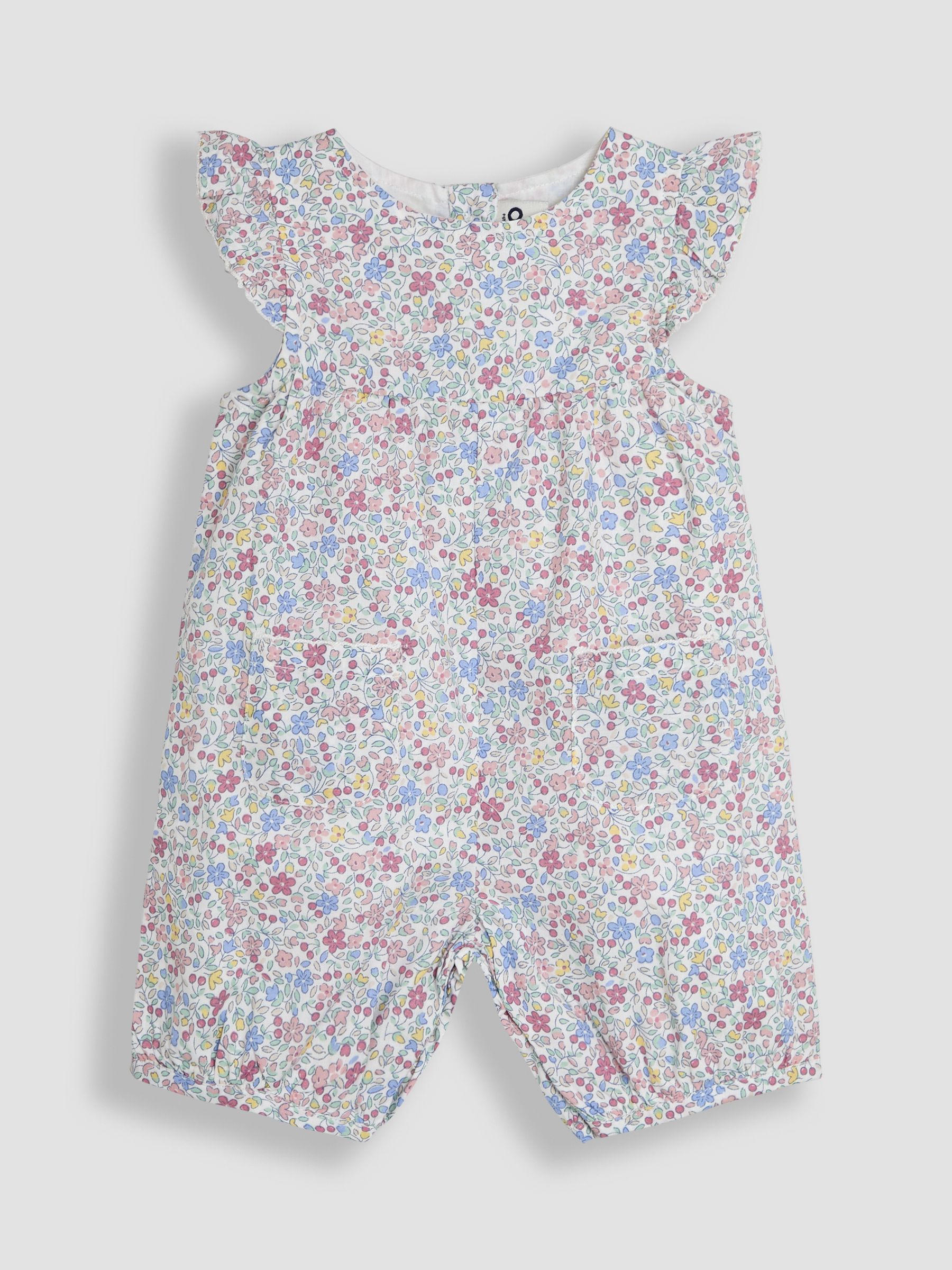 Pink Cherry Ditsy Floral Print Pretty Ruffle Shoulder Sunsuit - Image 1 of 3