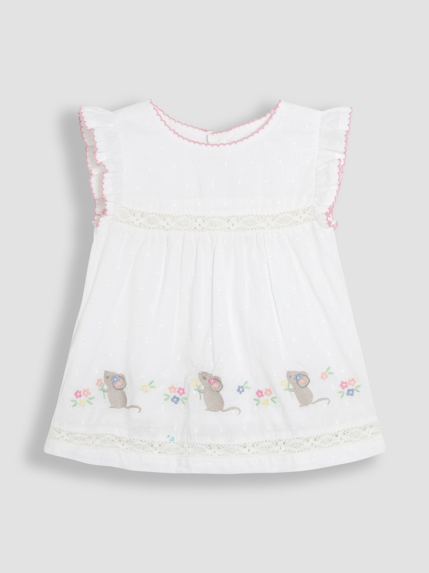 White Mouse Appliqué Ruffle 100% Cotton Blouse - Image 1 of 3