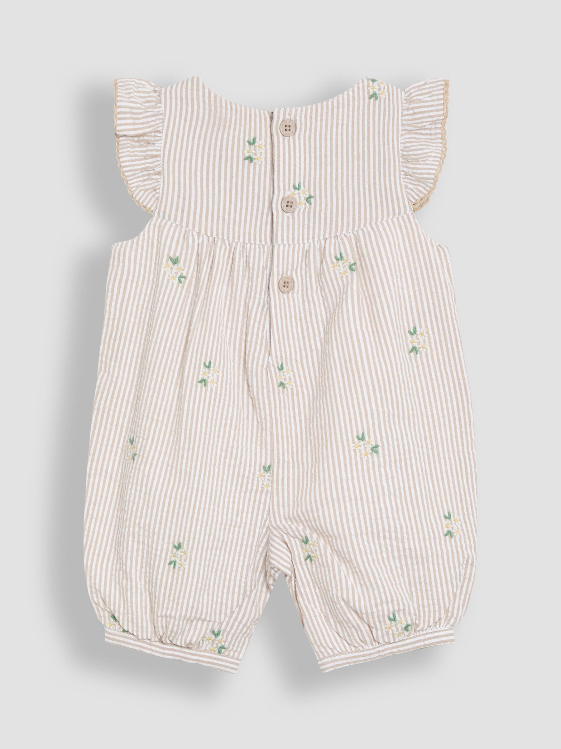 Natural Daisy Striped Seersucker Pretty Ruffle Shoulder Embroidered Sunsuit - Image 2 of 3