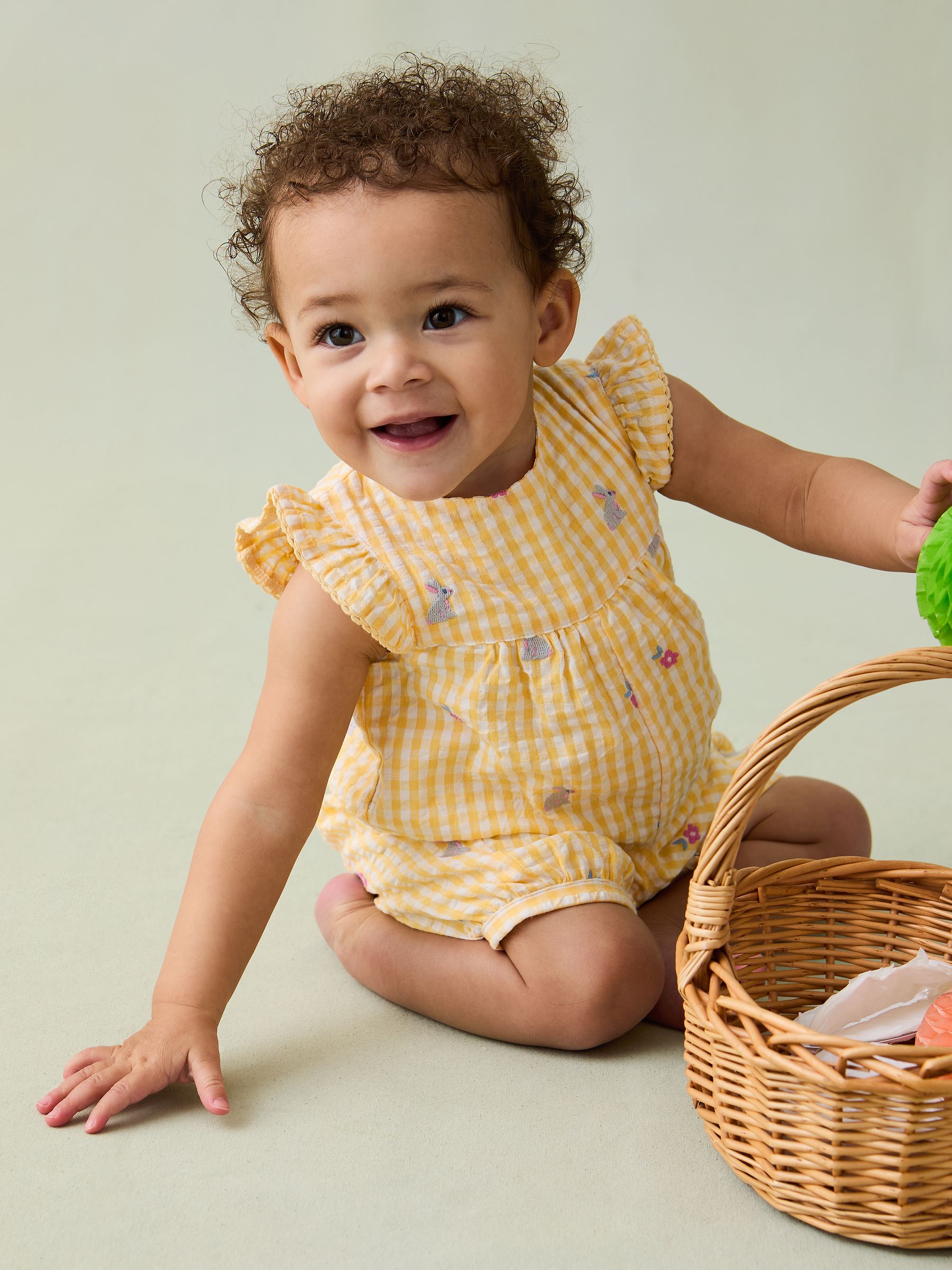 Yellow Bunny Gingham Pretty Ruffle Shoulder Embroidered 100% Cotton Sunsuit - Image 2 of 3