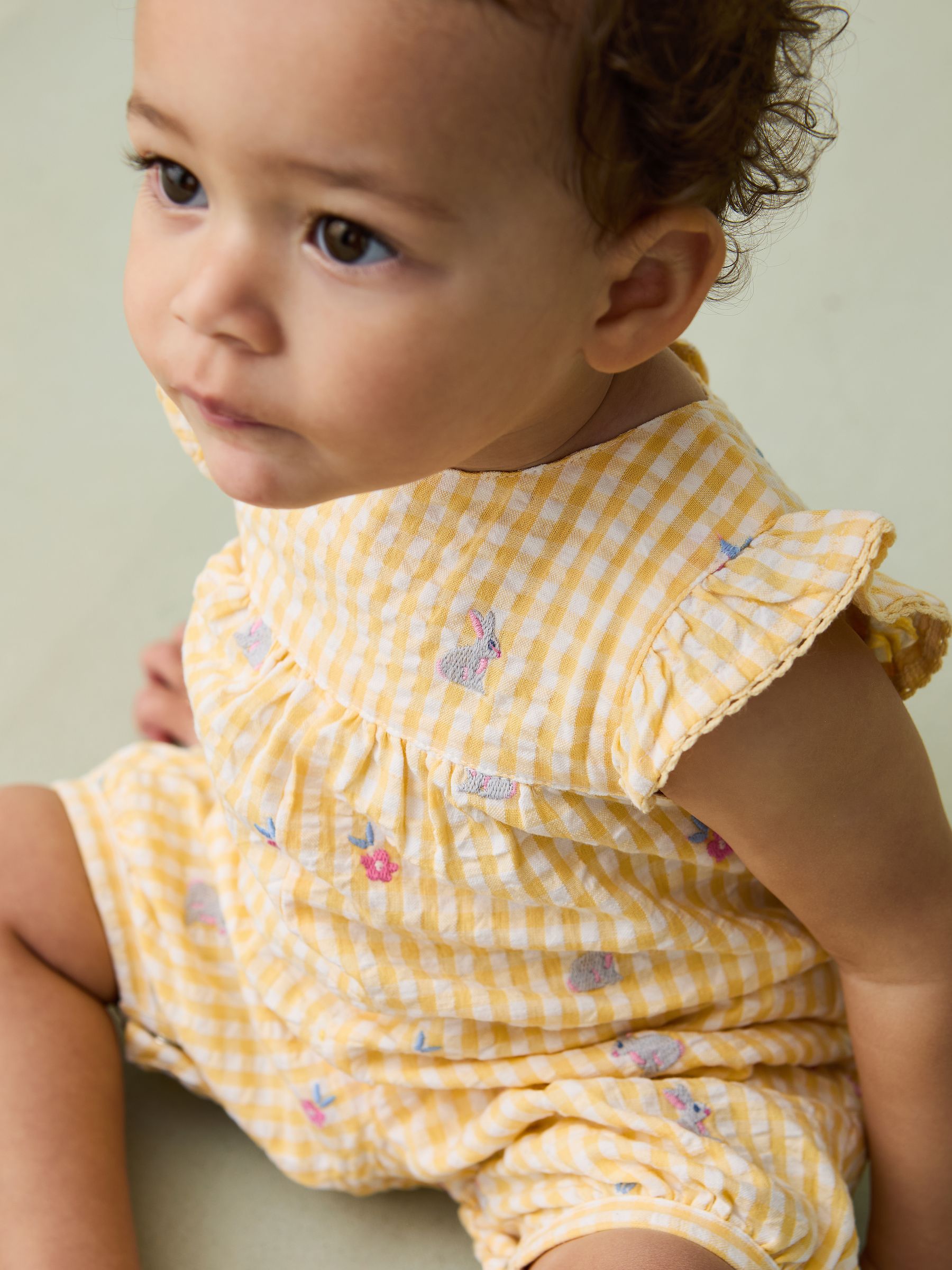 Yellow Bunny Gingham Pretty Ruffle Shoulder Embroidered 100% Cotton Sunsuit - Image 3 of 3