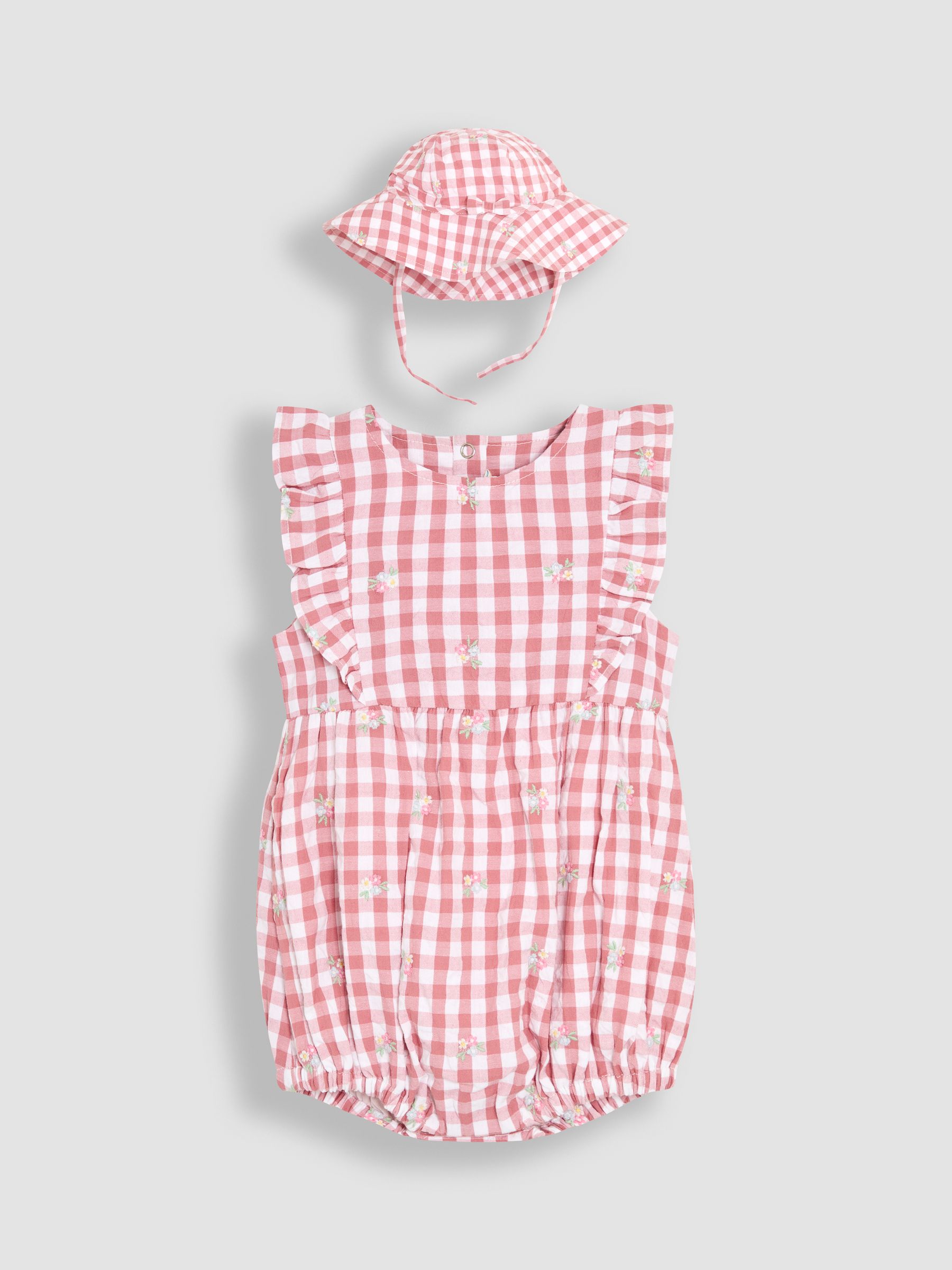 Pink Floral Embroidered 2-Piece Frill-front Romper & Hat Set - Image 1 of 5