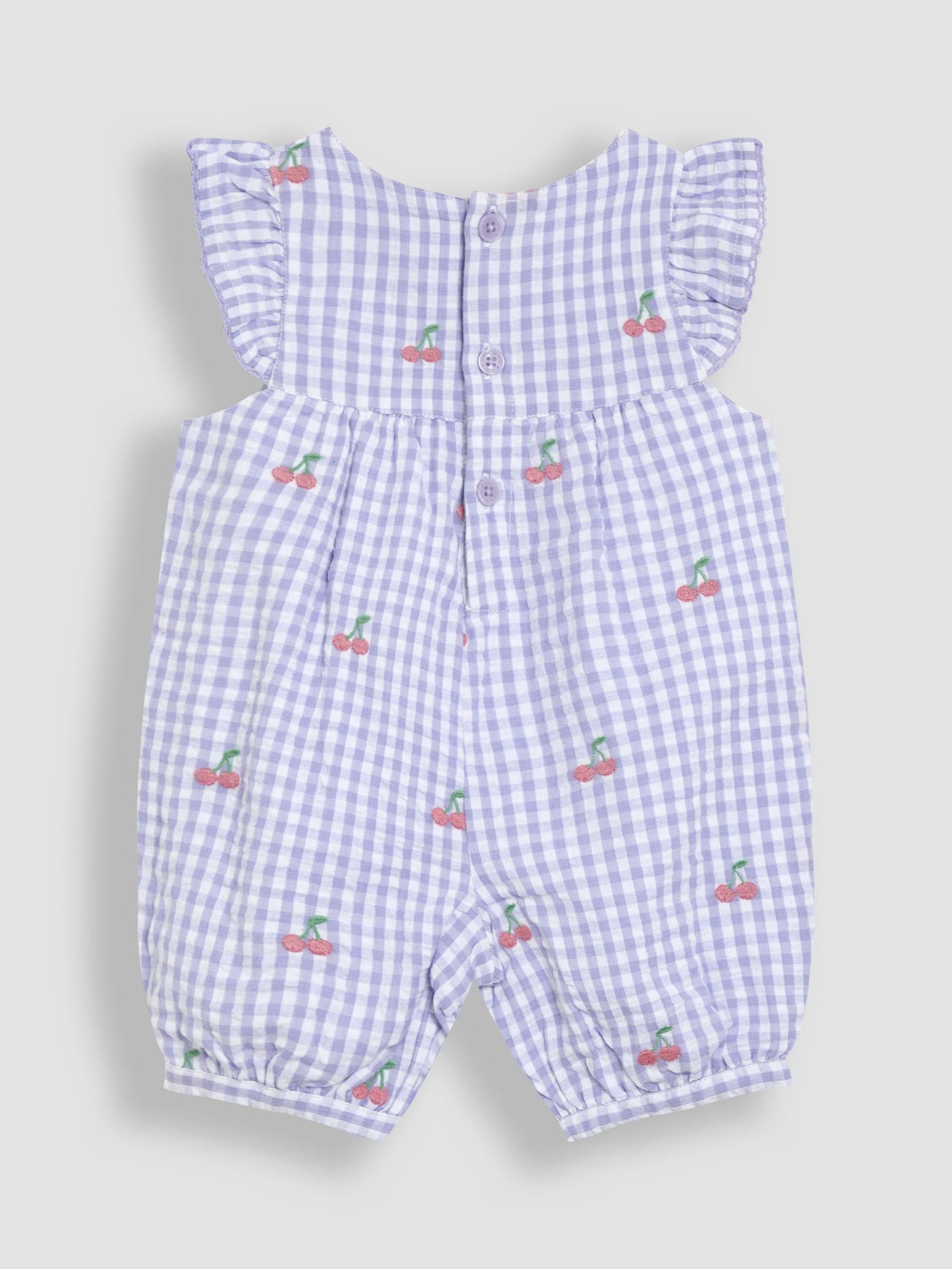Lilac Purple Cherry Gingham Pretty Ruffle Shoulder Embroidered Sunsuit - Image 2 of 3
