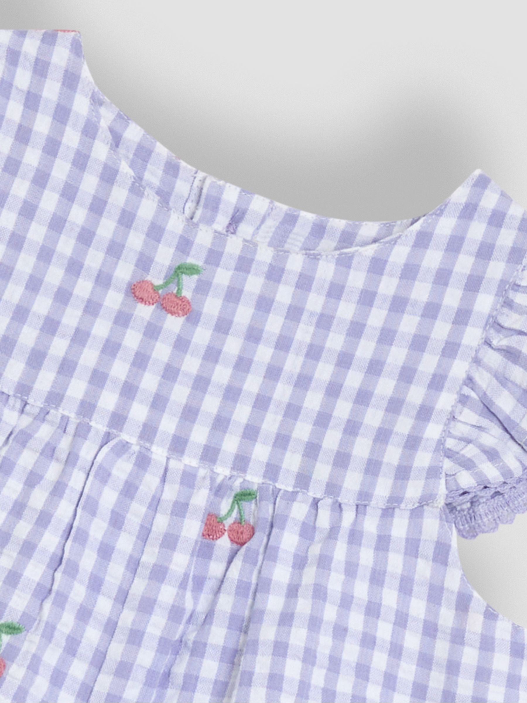 Lilac Purple Cherry Gingham Pretty Ruffle Shoulder Embroidered Sunsuit - Image 3 of 3