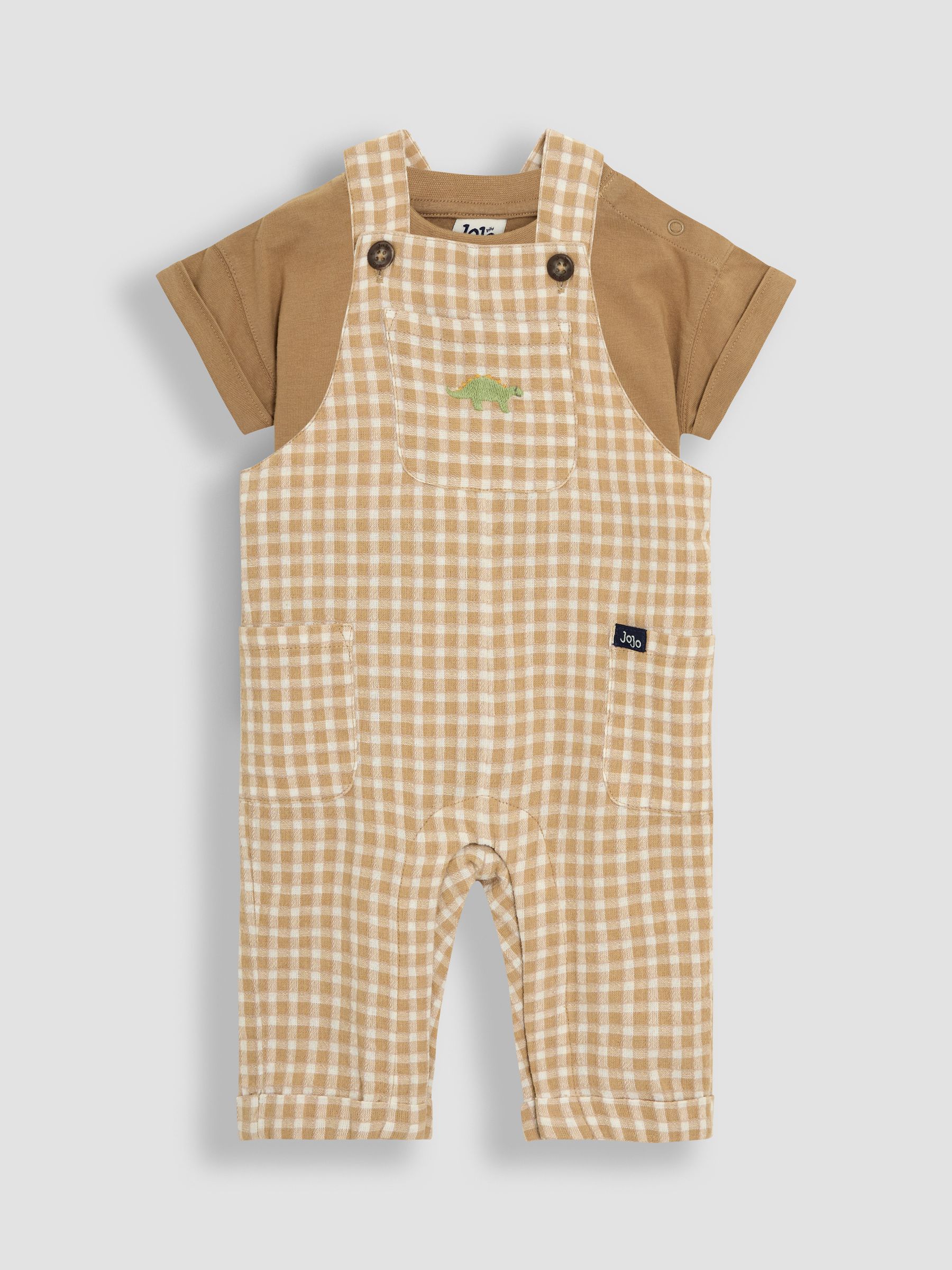 Brown 2-Piece Dino Gingham Dungarees & T-Shirt Set - Image 1 of 7