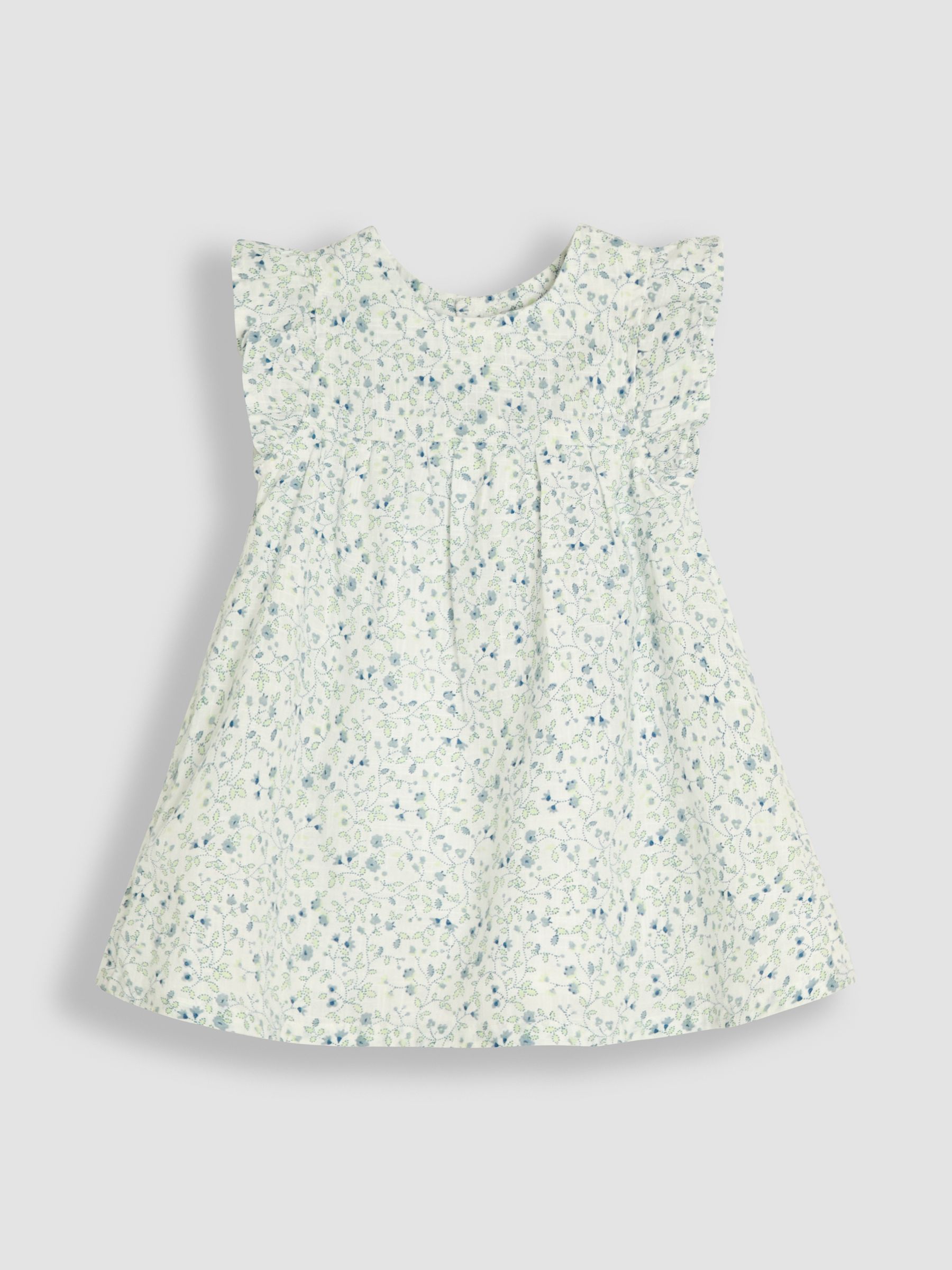Blue Ditsy Floral 3-Piece Frill Shoulder Baby Dress, Knicker & Hat Set - Image 2 of 6