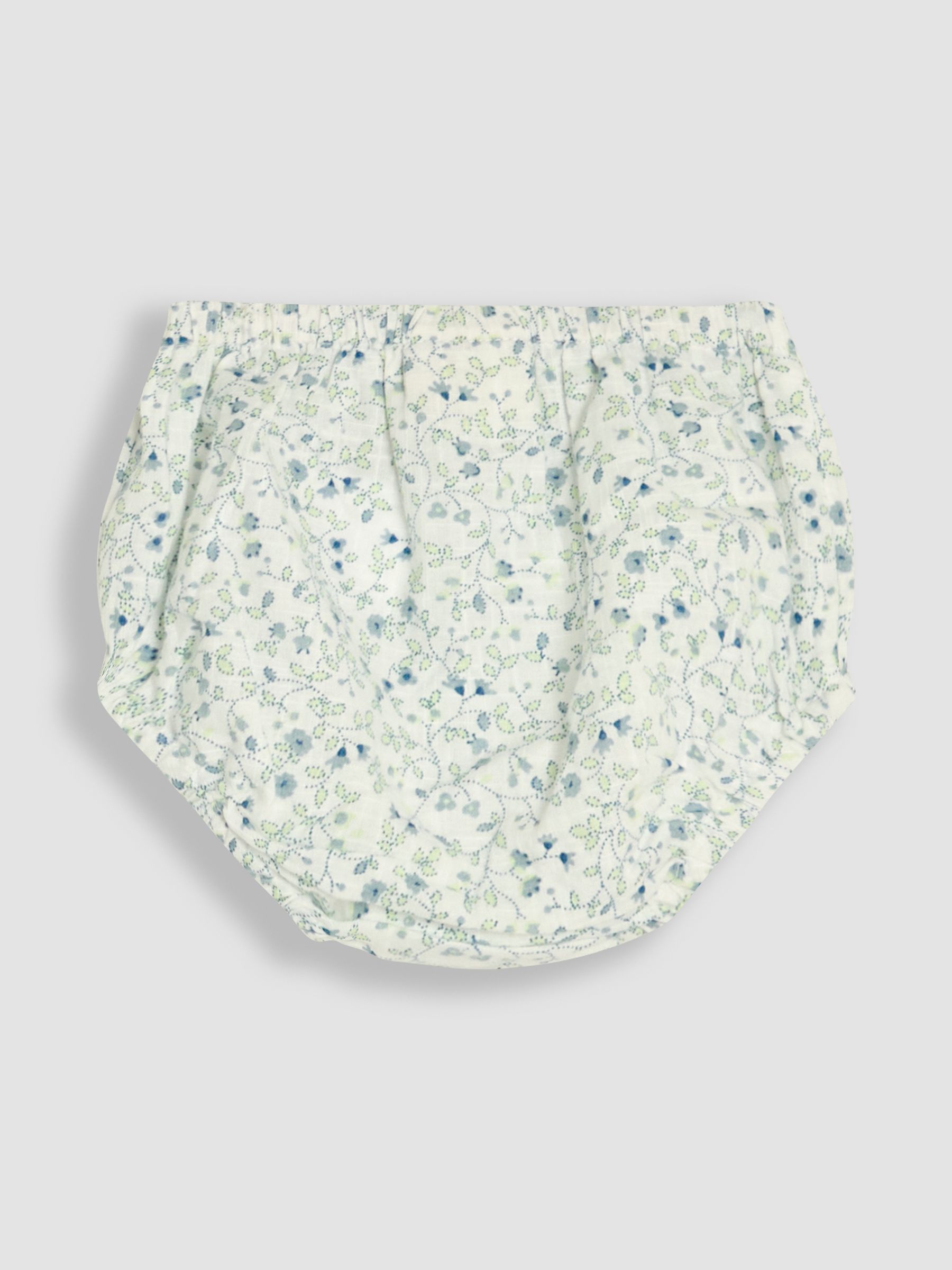 Blue Ditsy Floral 3-Piece Frill Shoulder Baby Dress, Knicker & Hat Set - Image 3 of 6