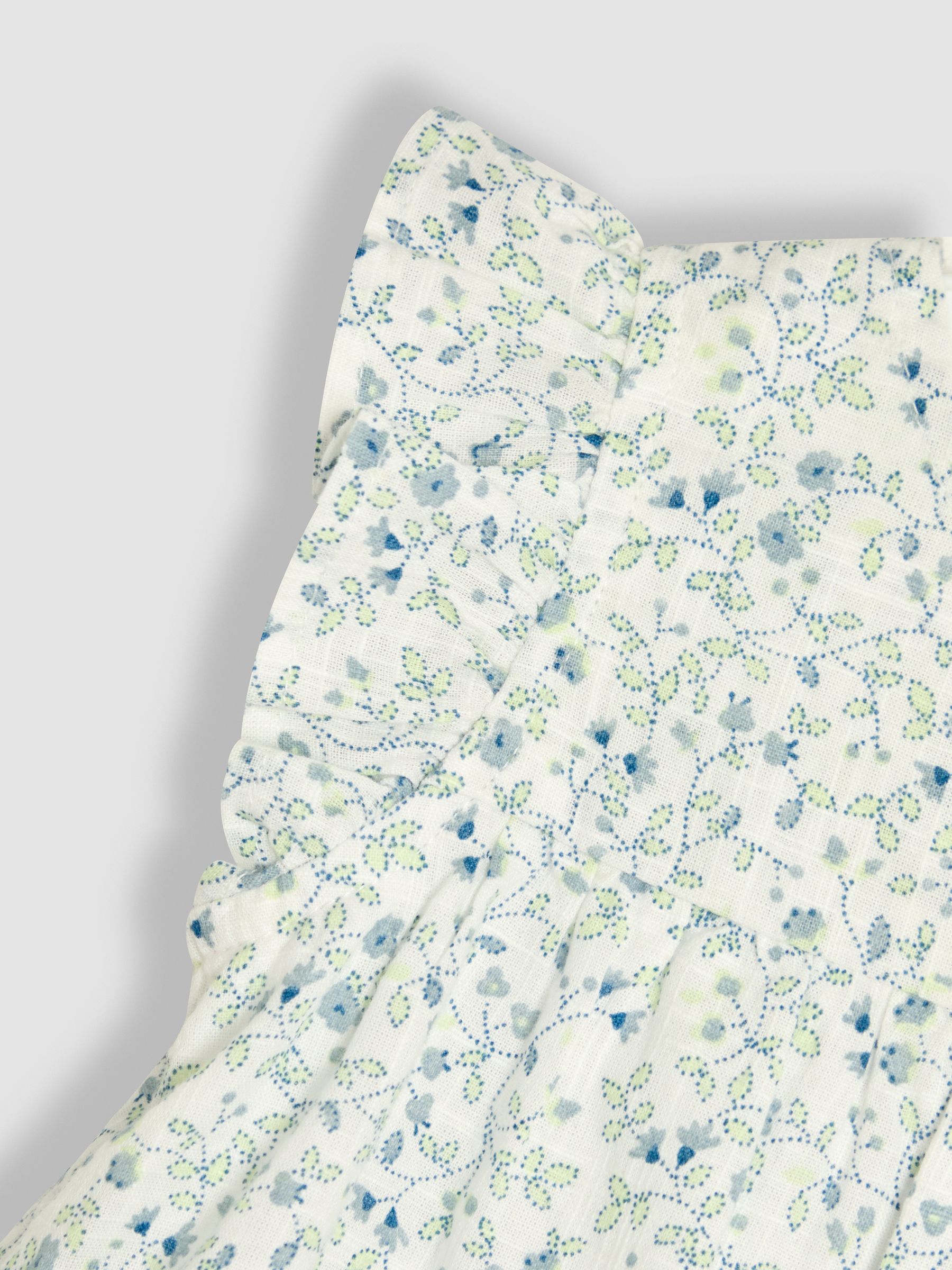 Blue Ditsy Floral 3-Piece Frill Shoulder Baby Dress, Knicker & Hat Set - Image 4 of 6