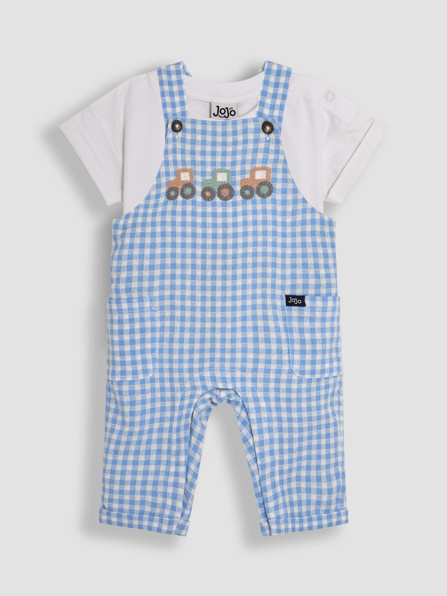 Blue 2-Piece Tractor Gingham Dungarees & T-Shirt Set - Image 1 of 6