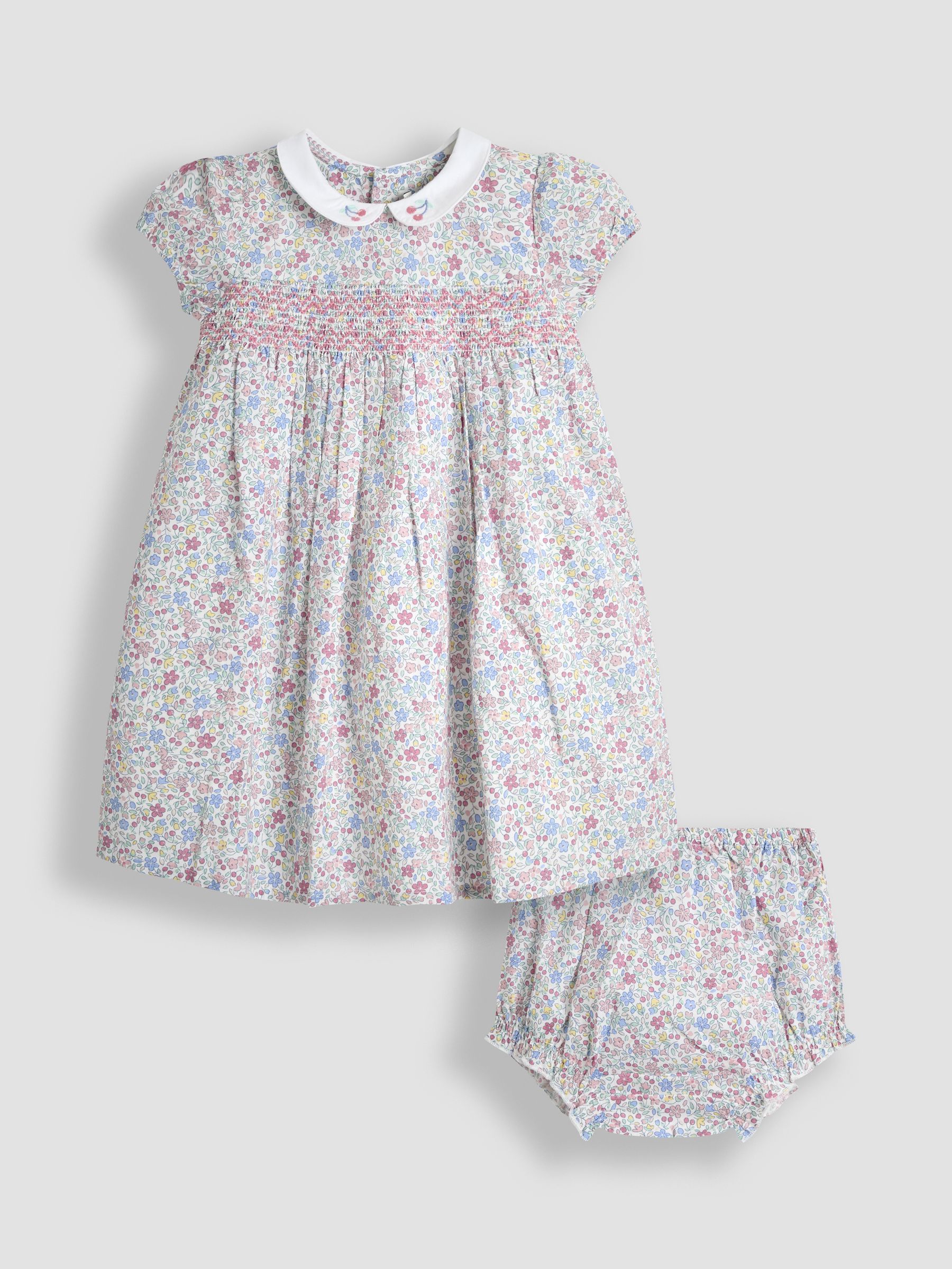 Blue Ditsy Floral Smocked Woven 100% Cotton Dress - Image 1 of 6