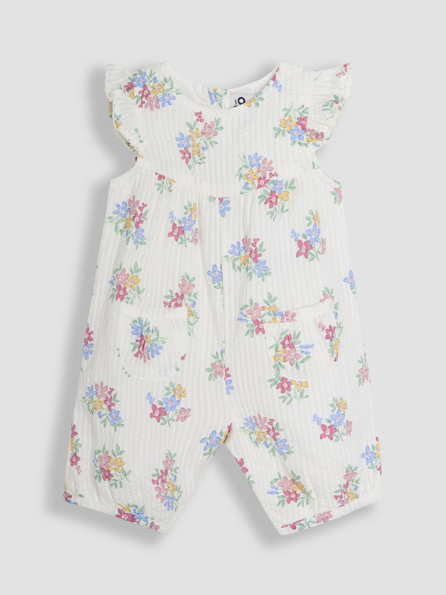 White Floral Pretty Ruffle Shoulder Sunsuit with Headband - Image 2 of 5
