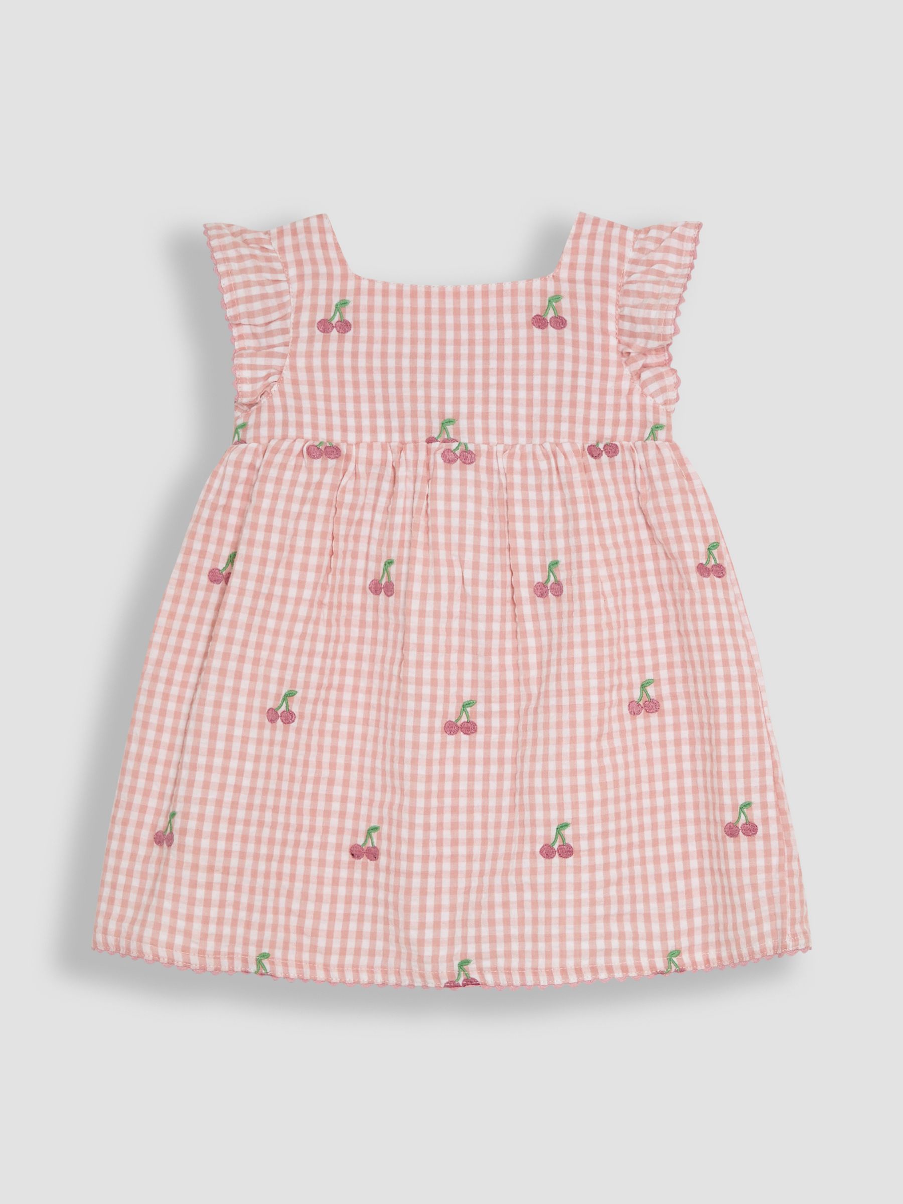 Pink Cherry Embroidered 3-Piece Frill Shoulder Baby Dress, Knicker & Hat Set - Image 2 of 6