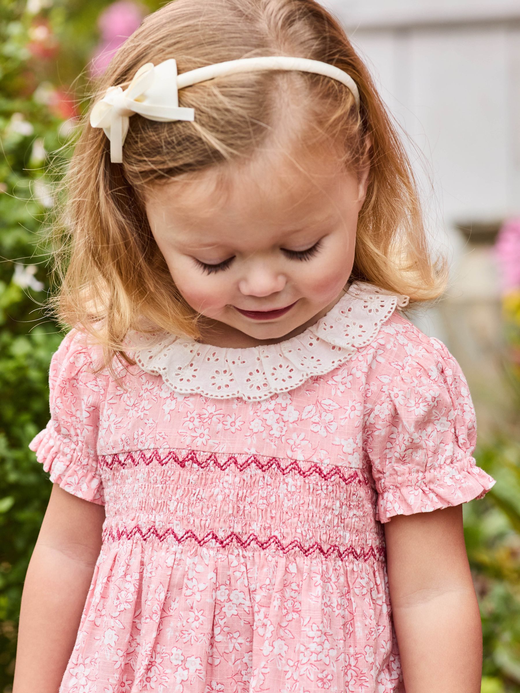 Pink Garden Floral Smocked Woven 100% Cotton Dress - Image 6 of 6