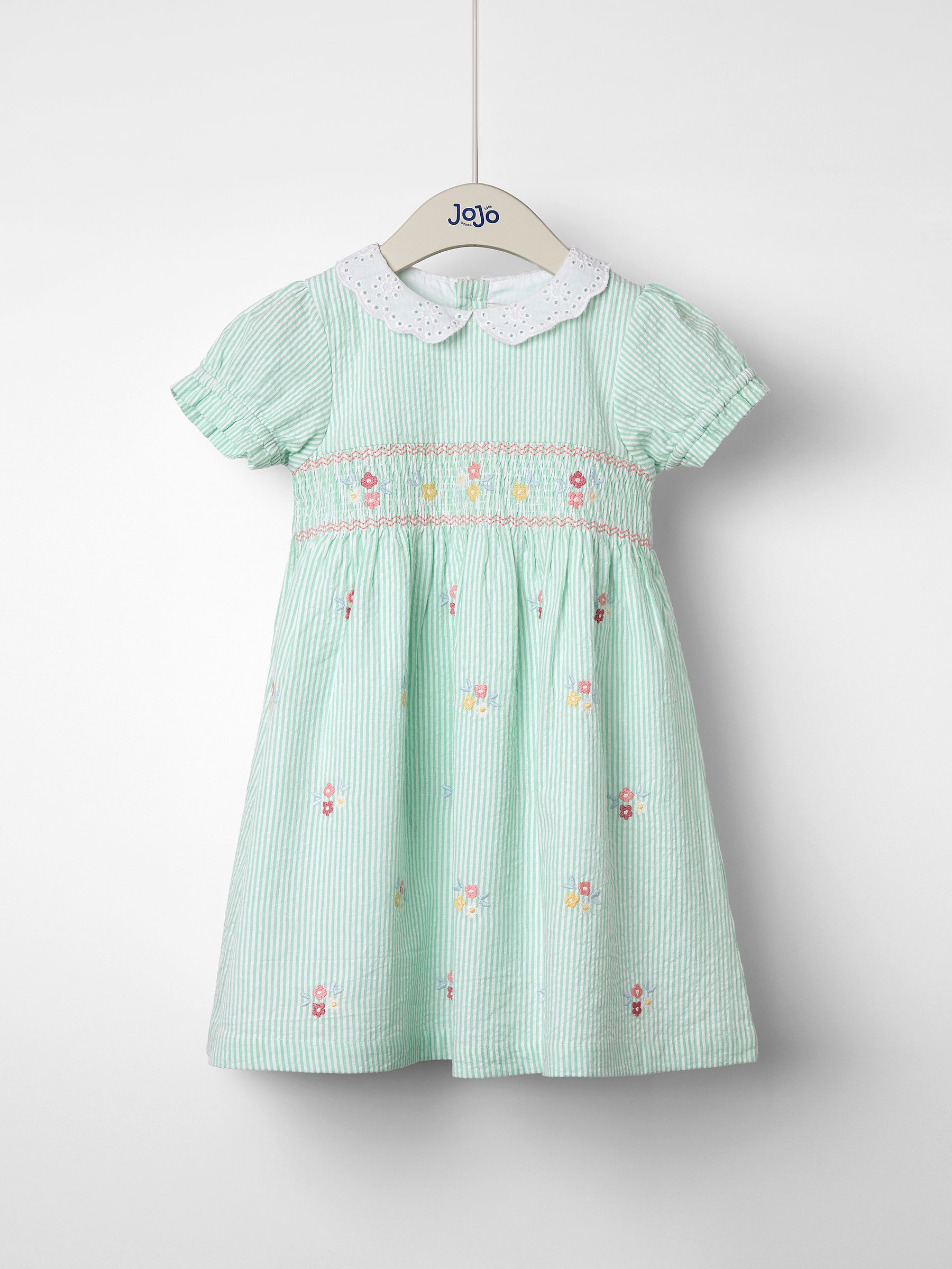 Green Floral Seersucker Embroidered Smocked Dress | JoJo Maman Bb USA Green Floral Seersucker Embroidered Smocked Dress | JoJo Maman Bb USA