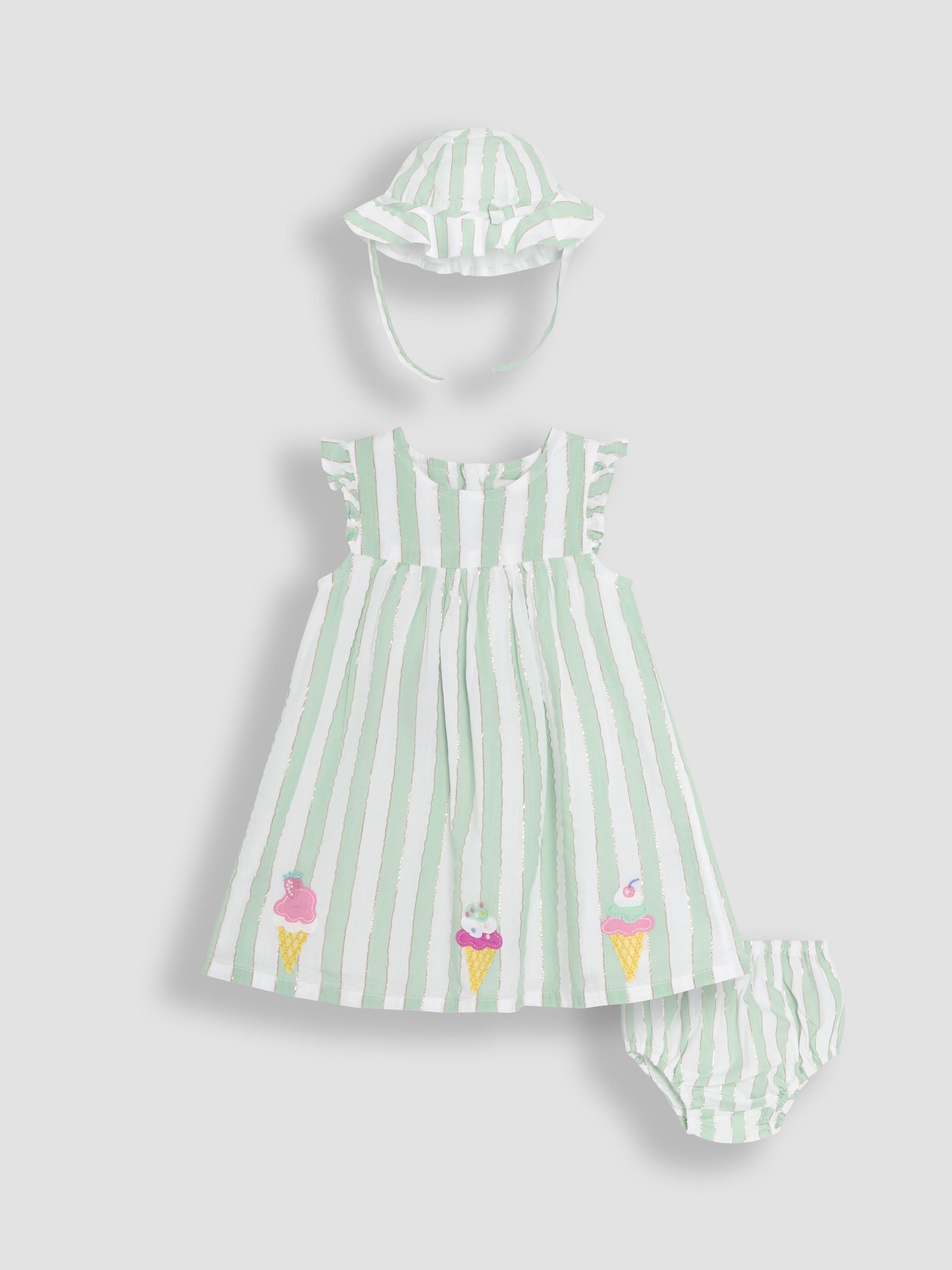 Aqua Green Ice Cream Embroidered 3-Piece Frill Shoulder Baby Dress, Knicker & Hat Set - Image 1 of 7