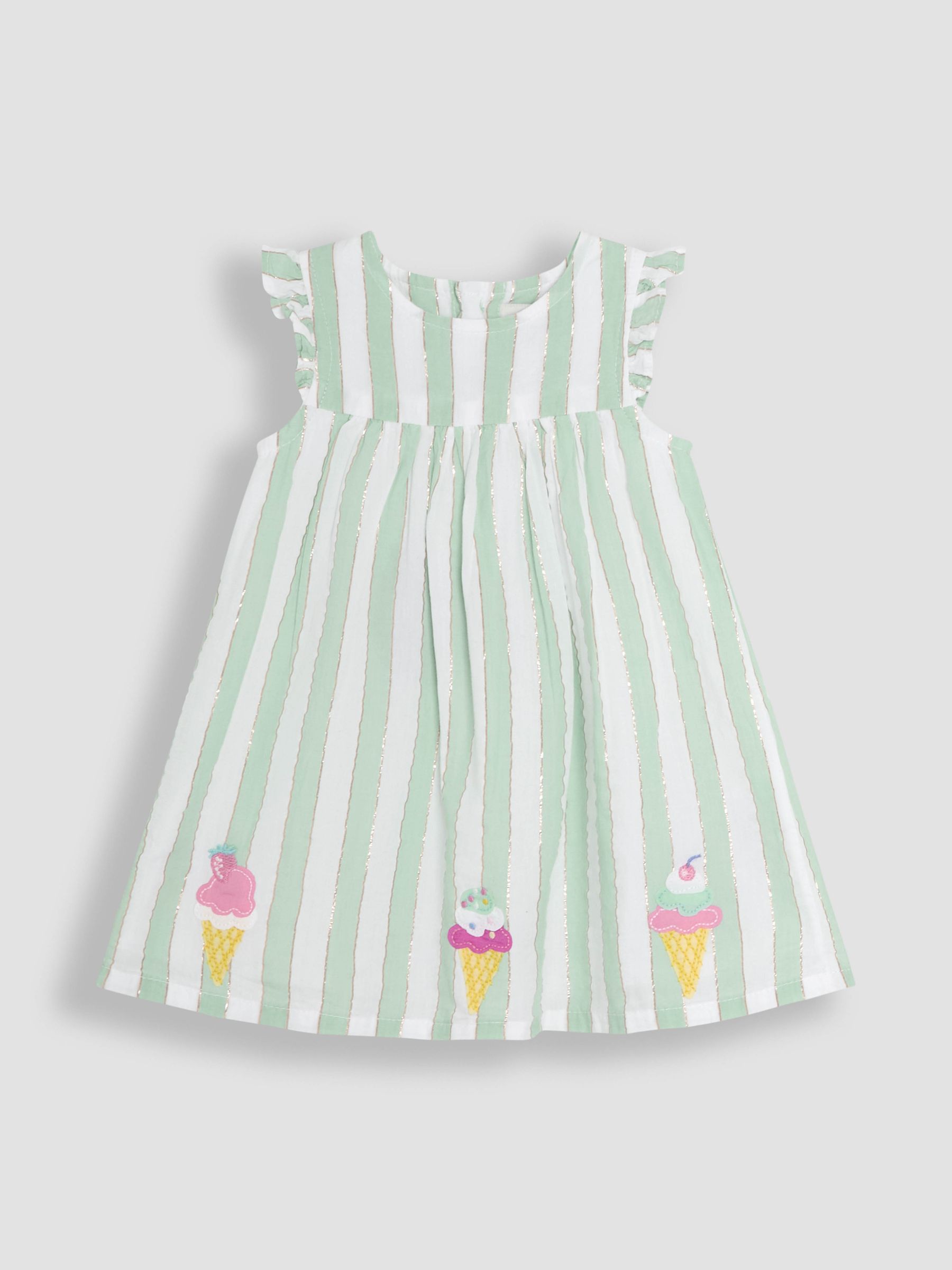 Aqua Green Ice Cream Embroidered 3-Piece Frill Shoulder Baby Dress, Knicker & Hat Set - Image 2 of 7